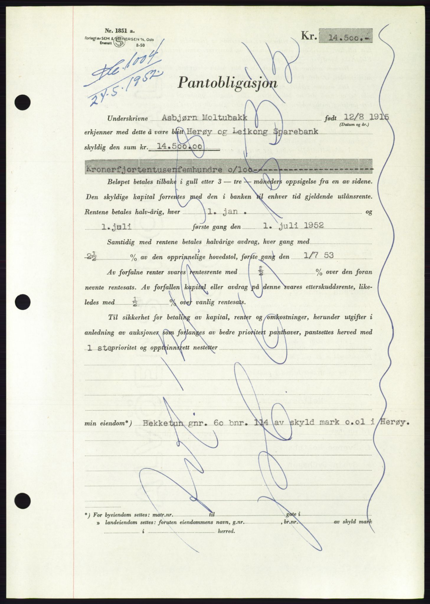 Søre Sunnmøre sorenskriveri, AV/SAT-A-4122/1/2/2C/L0121: Pantebok nr. 9B, 1951-1952, Dagboknr: 1004/1952