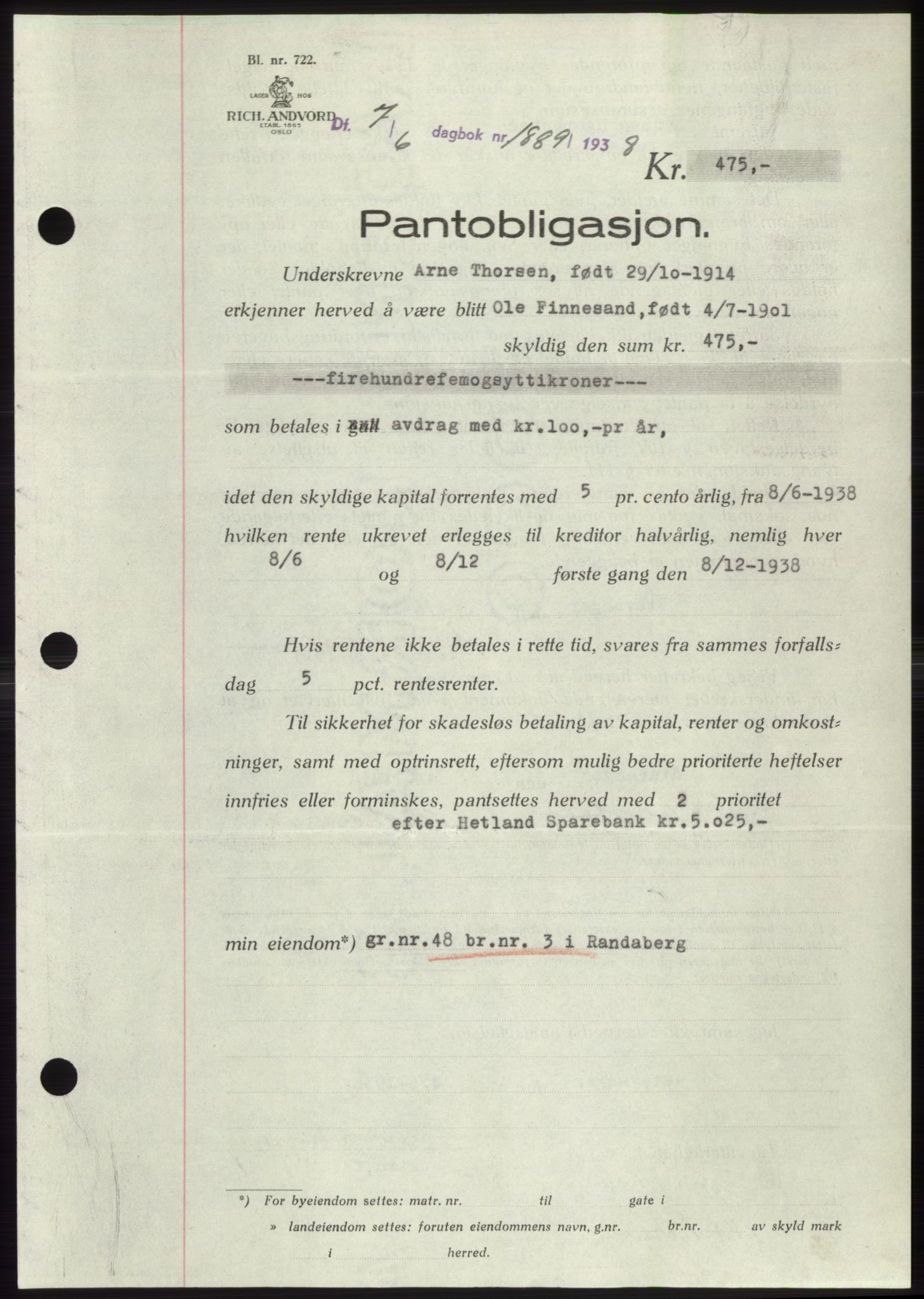 Jæren sorenskriveri, SAST/A-100310/03/G/Gba/L0071: Pantebok, 1938-1938, Dagboknr: 1889/1938