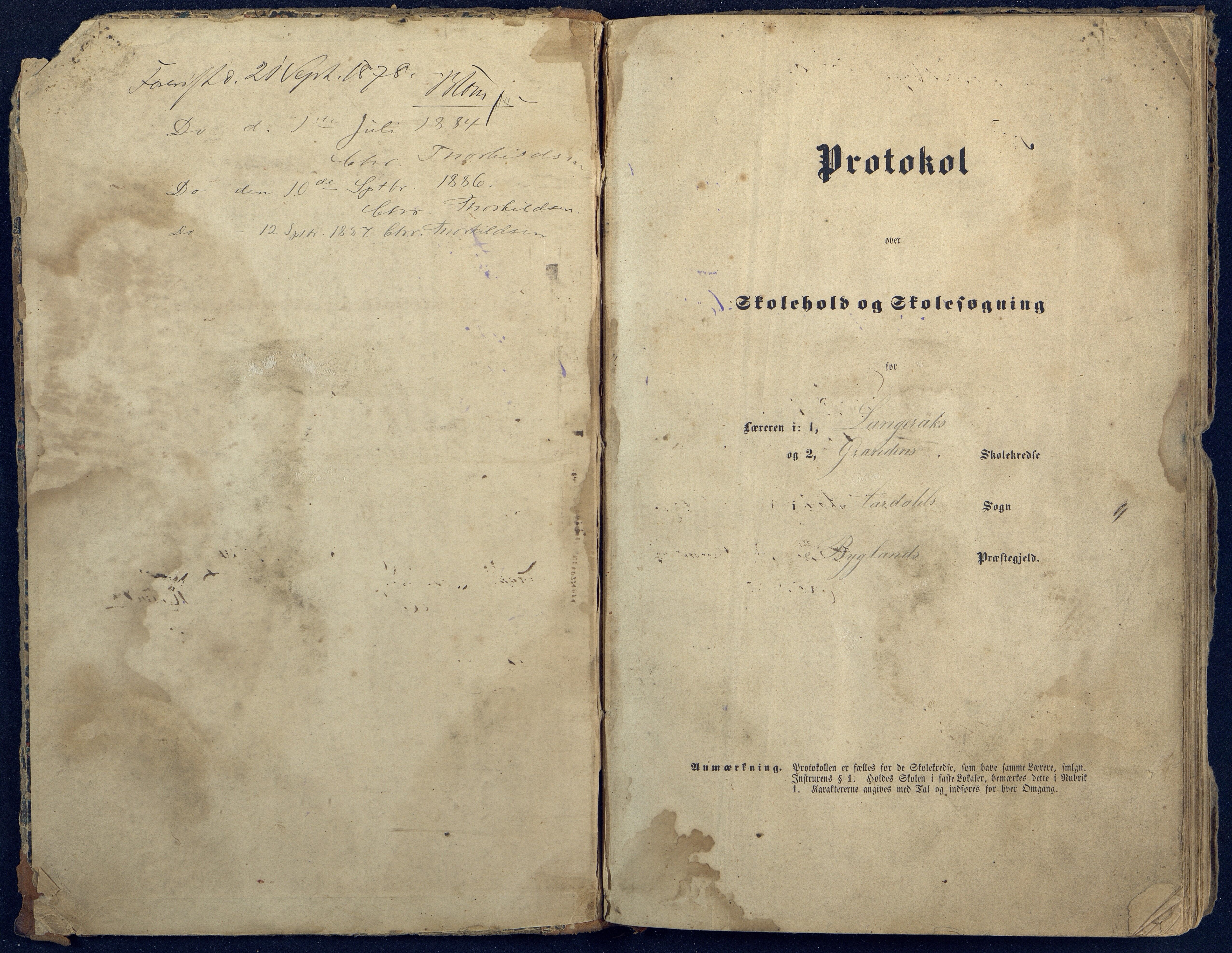 Bygland kommune, Skulekrinsar i Årdal, AAKS/KA0938-550c/F1/L0001: Skuleprotokoll Longerak og Grendi, 1863-1886, s. 1