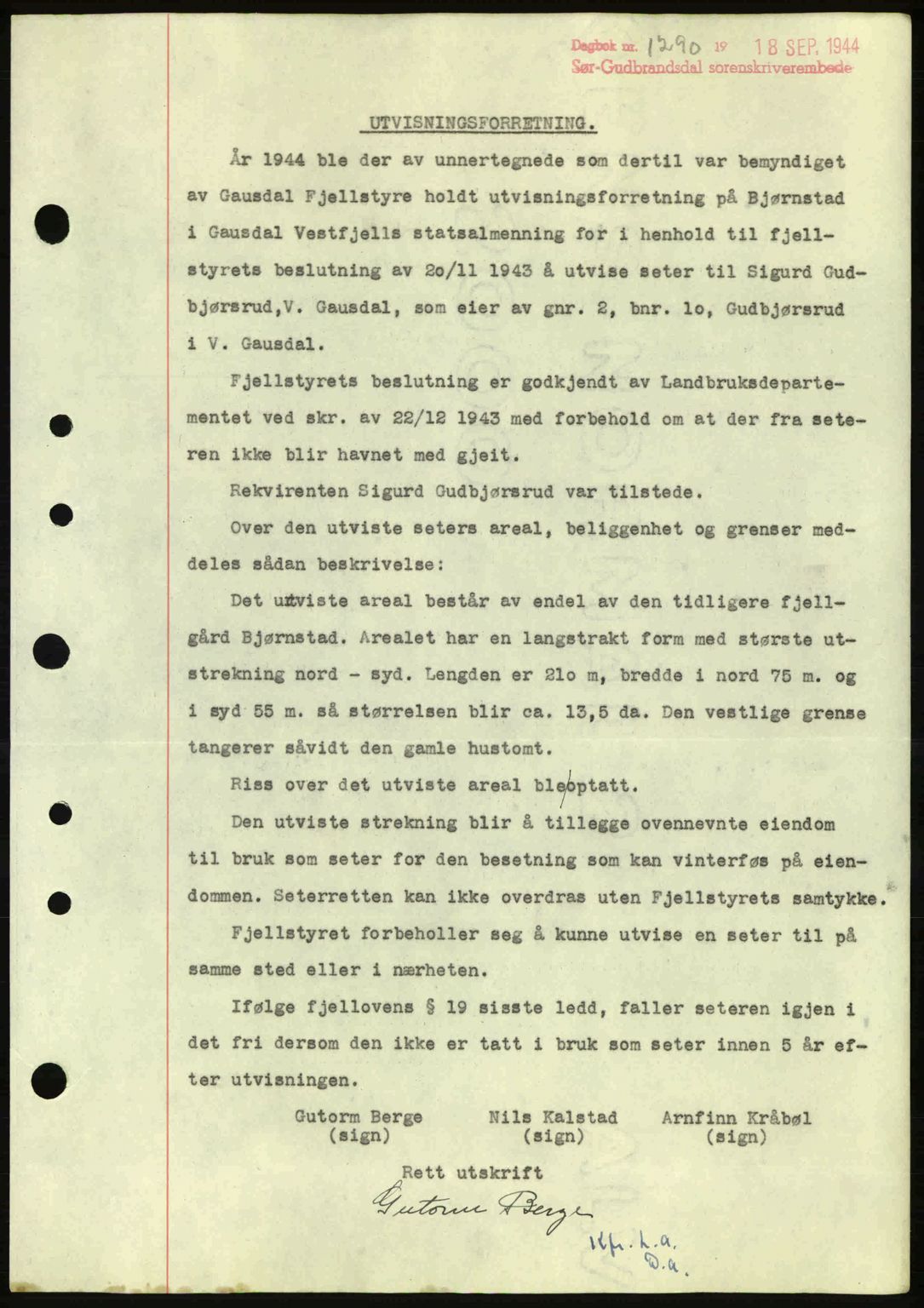 Sør-Gudbrandsdal tingrett, SAH/TING-004/H/Hb/Hbd/L0013: Pantebok nr. A13, 1944-1944, Dagboknr: 1290/1944
