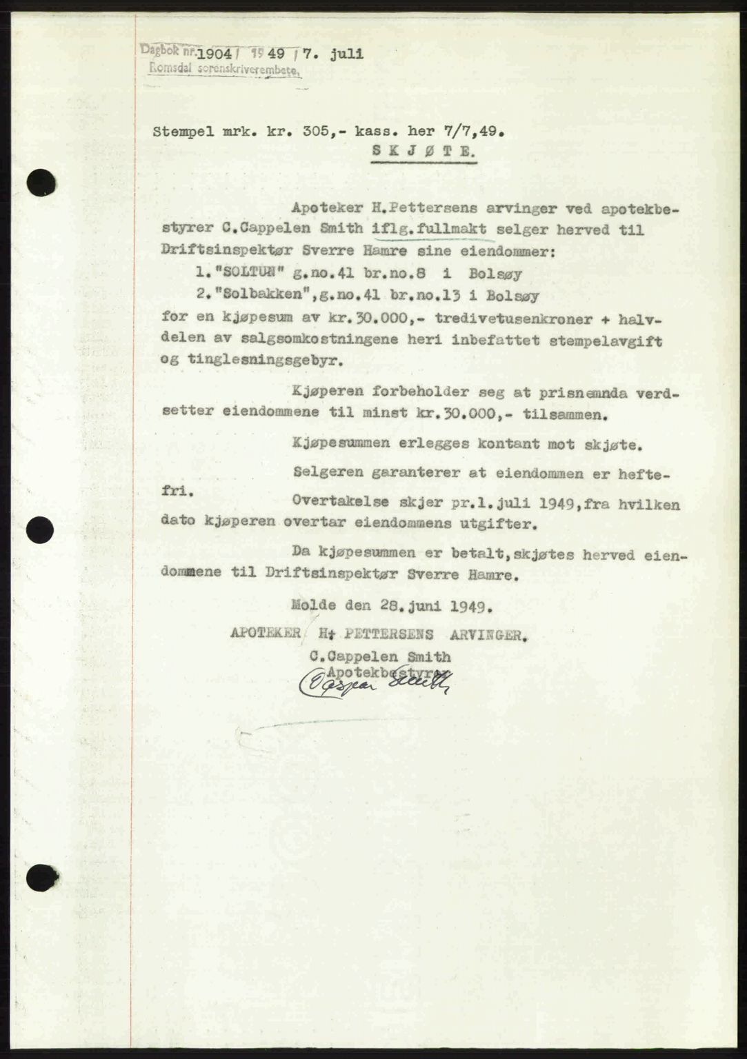 Romsdal sorenskriveri, SAT/A-4149/1/2/2C: Pantebok nr. A30, 1949-1949, Dagboknr: 1904/1949