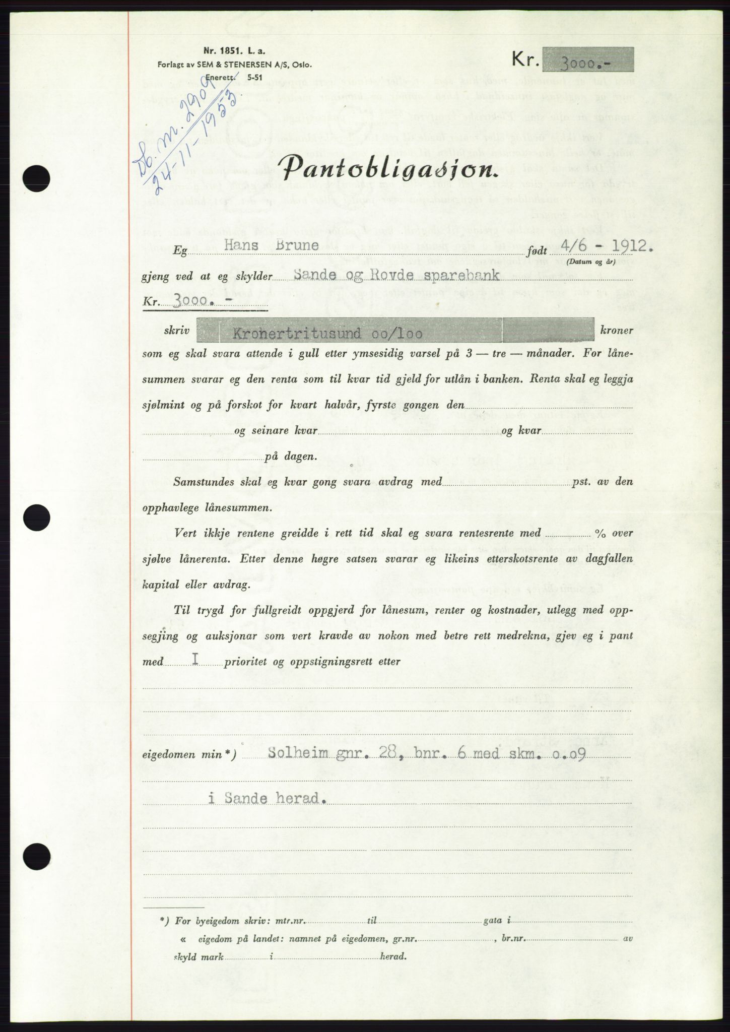 Søre Sunnmøre sorenskriveri, AV/SAT-A-4122/1/2/2C/L0124: Pantebok nr. 12B, 1953-1954, Dagboknr: 2909/1953