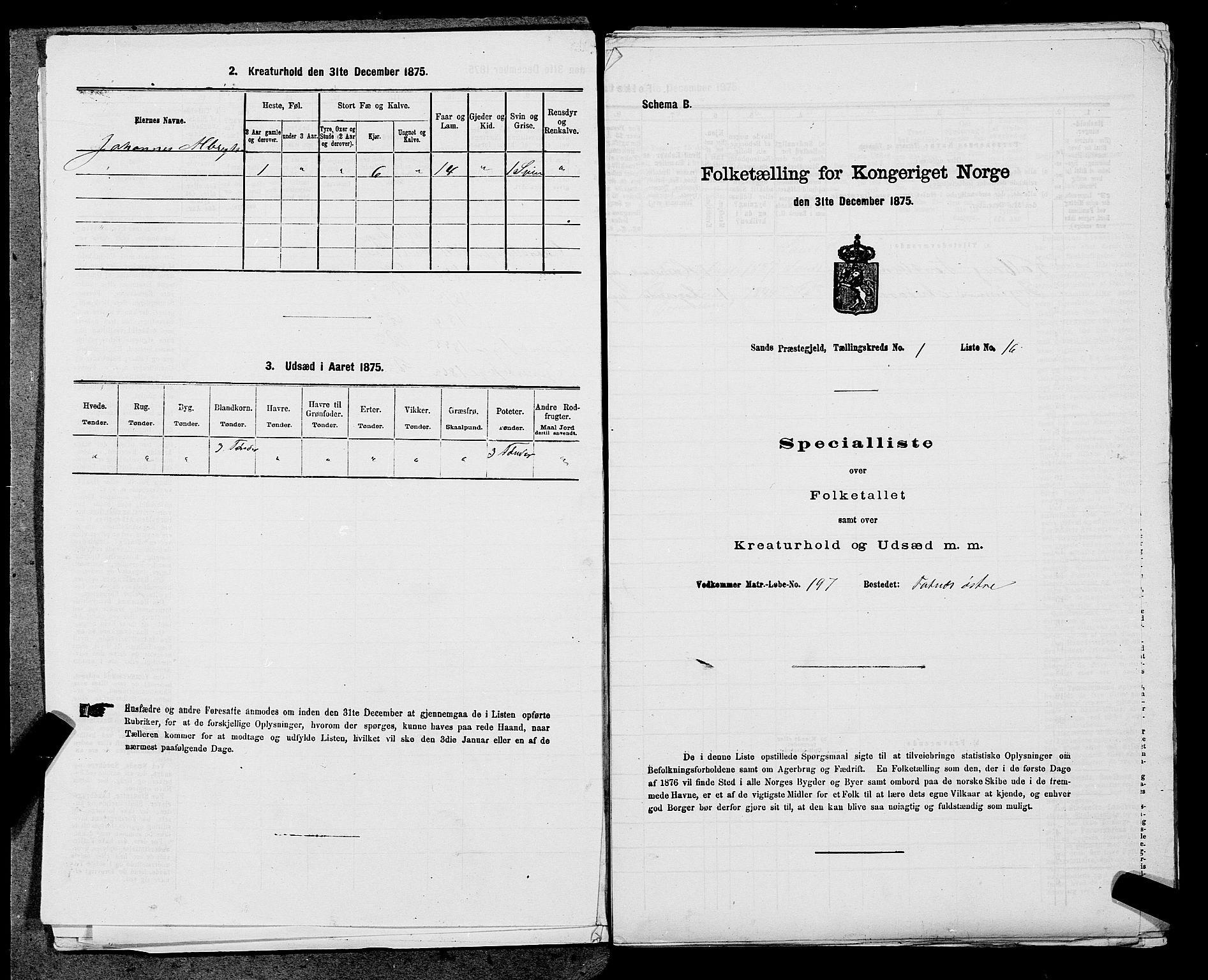 SAST, Folketelling 1875 for 1136P Sand prestegjeld, 1875, s. 68
