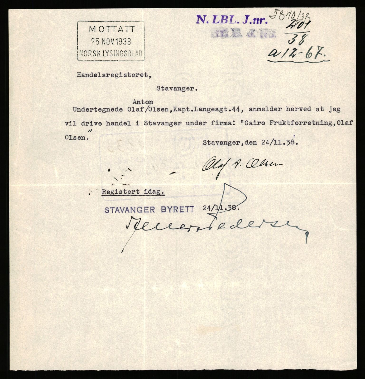 Stavanger byfogd, SAST/A-101408/002/J/Jd/Jde/L0003: Registreringsmeldinger og bilag. Enkeltmannsforetak, 751-1000, 1928-1976, s. 54