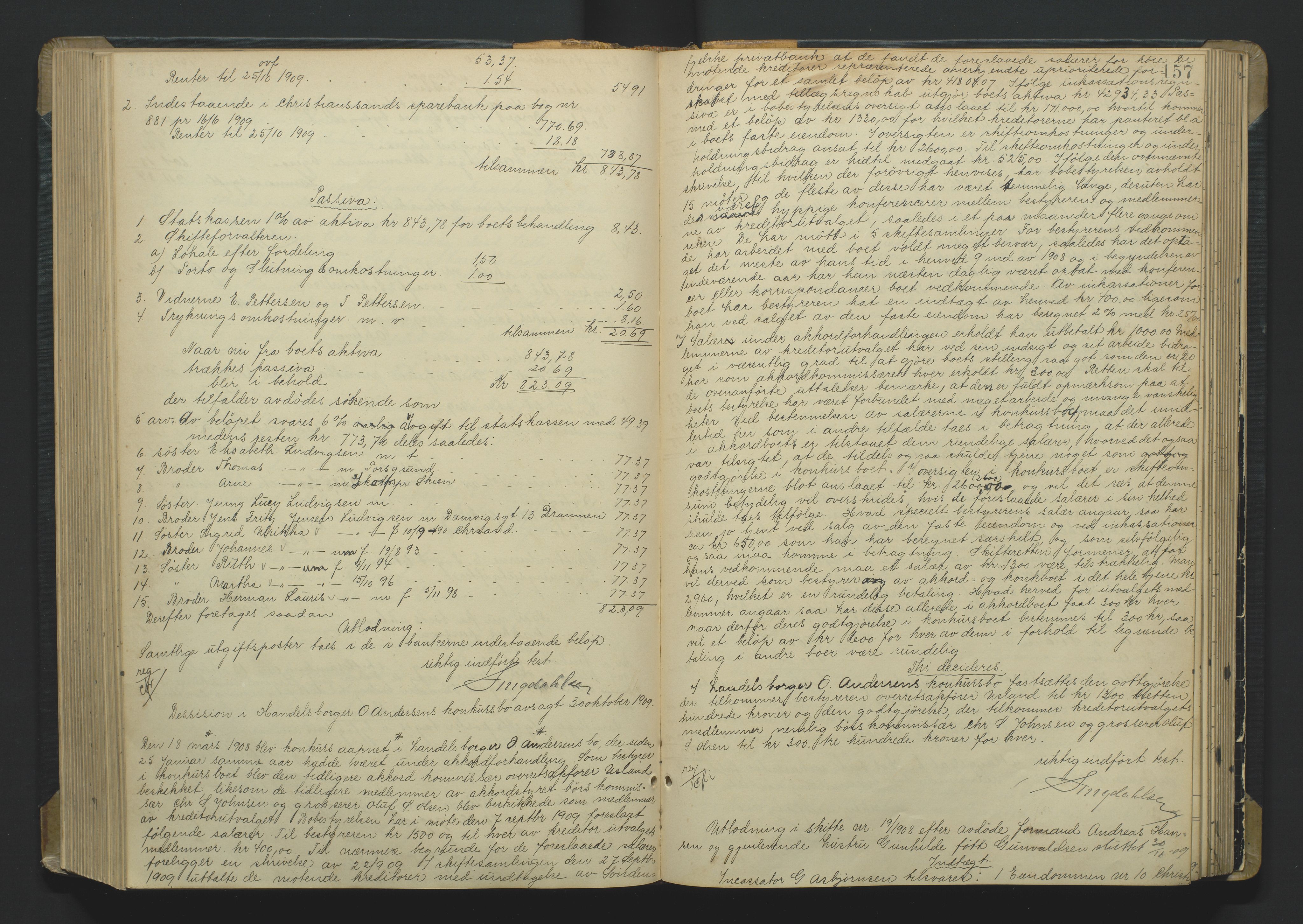 Kristiansand byrett, AV/SAK-1223-0001/H/Hc/L0060: Skifteutlodningsprotokoll nr. 6, med register, 1903-1916, s. 157