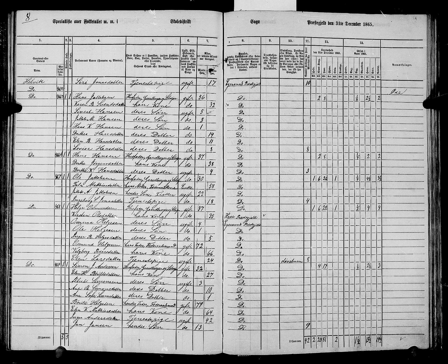 RA, Folketelling 1865 for 1116L Eigersund prestegjeld, Eigersund landsokn og Ogna sokn, 1865, s. 121