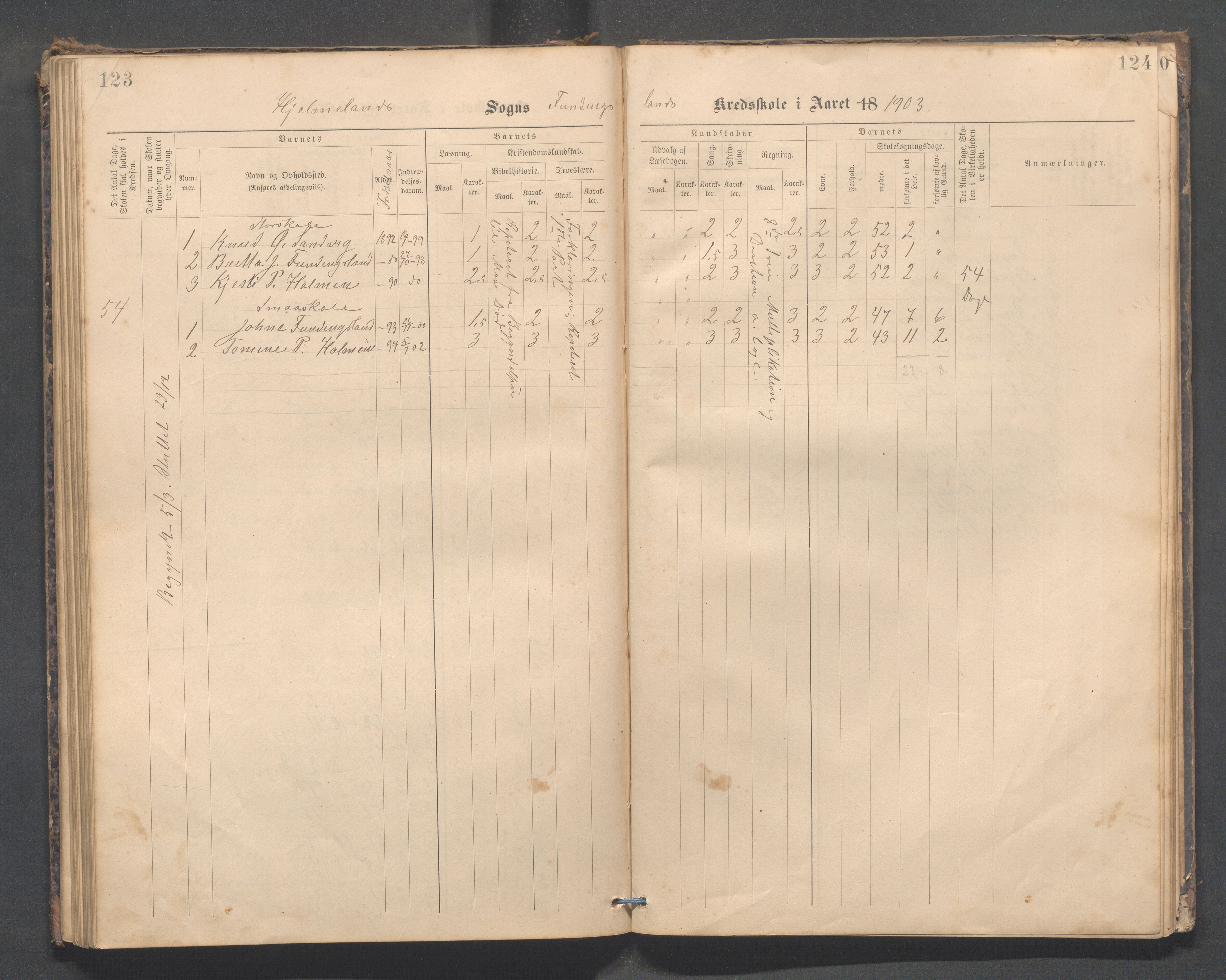 Hjelmeland kommune - Vormedalen skule, IKAR/K-102543/H/L0001: Skoleprotokoll - Vormedal,Vormeland,Fundingsland, 1885-1904, s. 123-124
