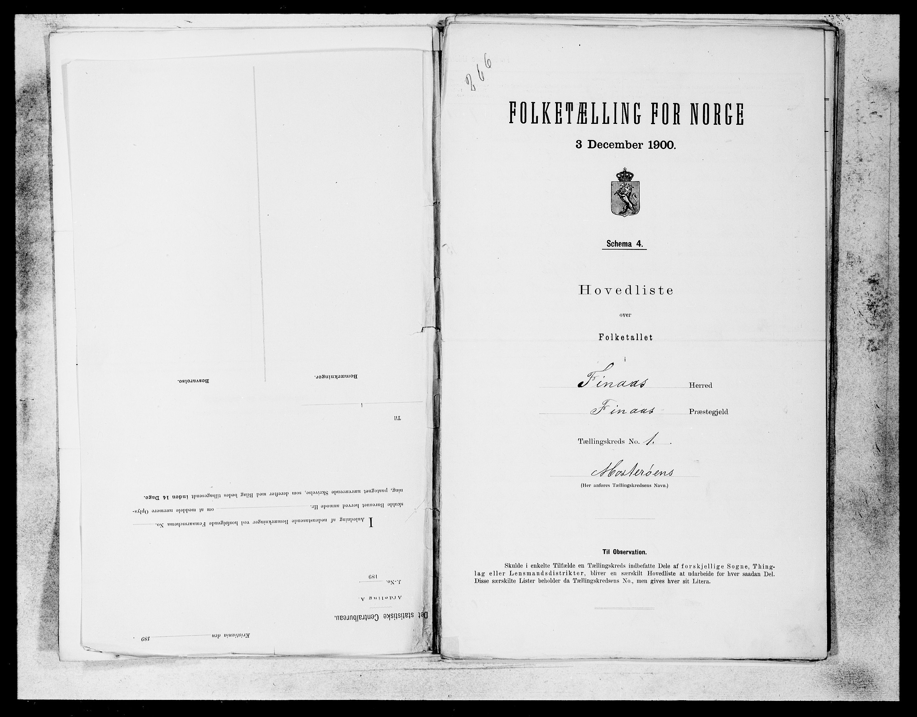 SAB, Folketelling 1900 for 1218 Finnås herred, 1900, s. 1