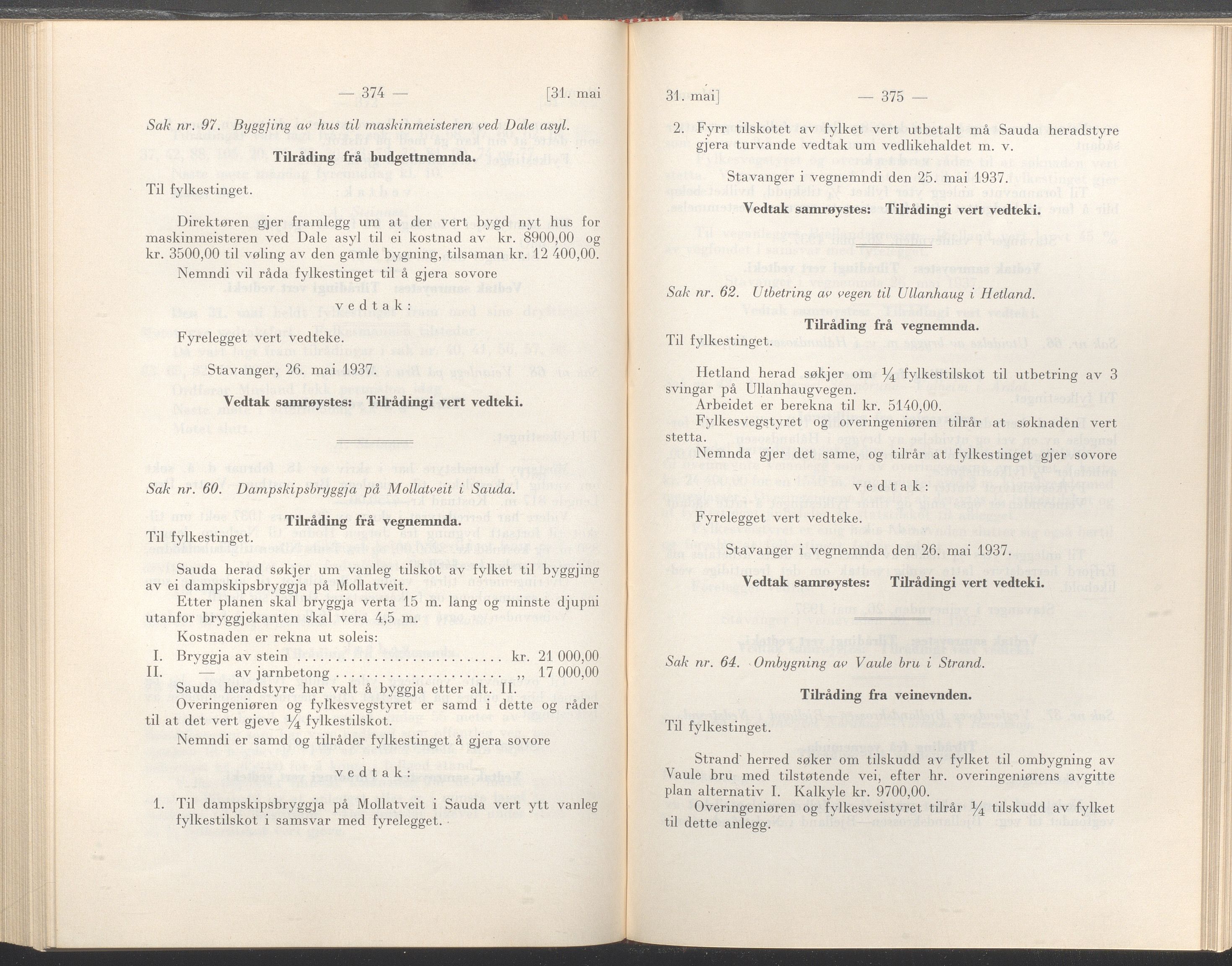 Rogaland fylkeskommune - Fylkesrådmannen , IKAR/A-900/A/Aa/Aaa/L0056: Møtebok , 1937, s. 374-375