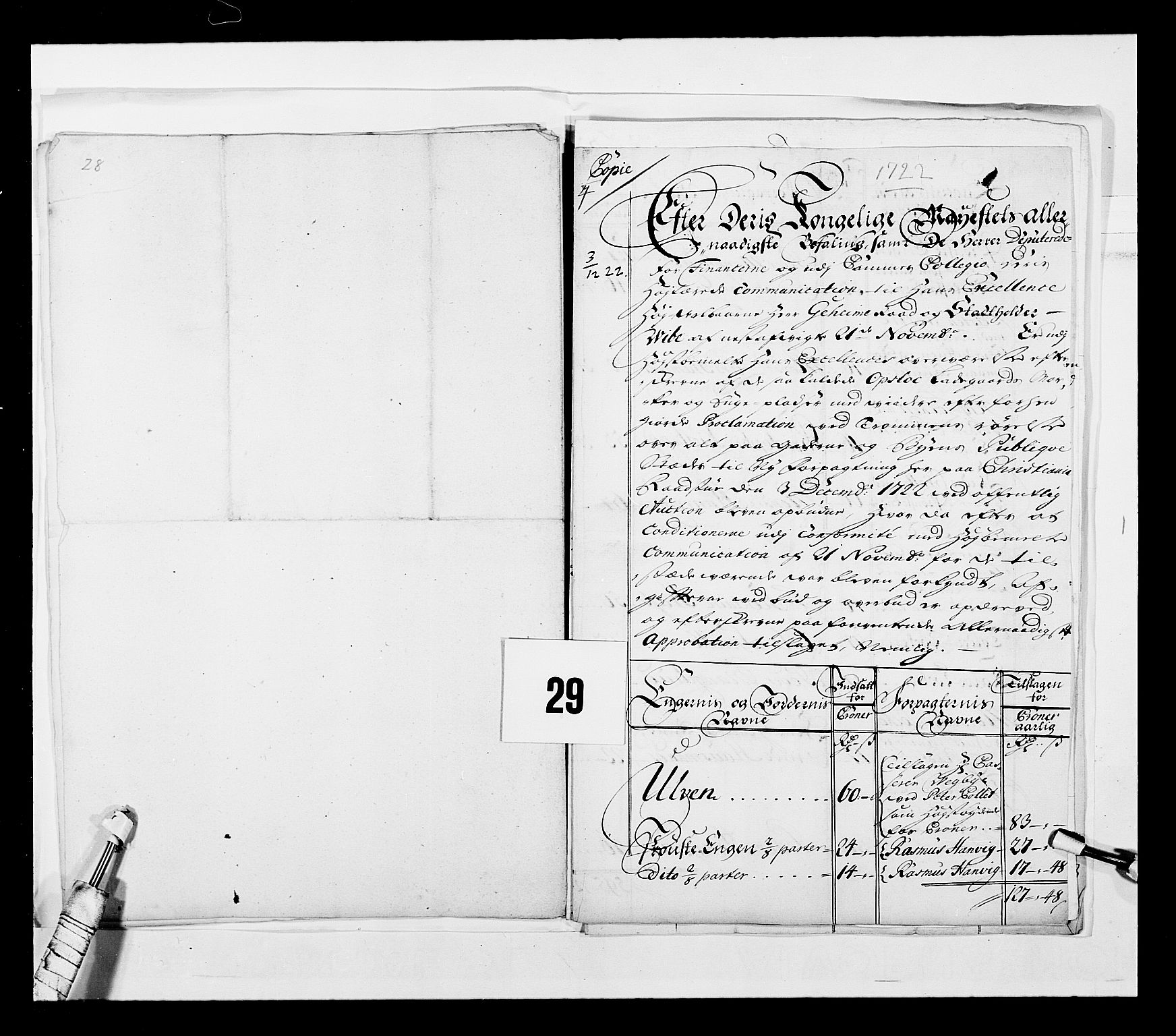 Stattholderembetet 1572-1771, AV/RA-EA-2870/Ek/L0042/0001: Jordebøker o.a. 1720-1728 vedkommende krongodset: / Dokumenter om salget av krongods, 1722-1728, s. 97