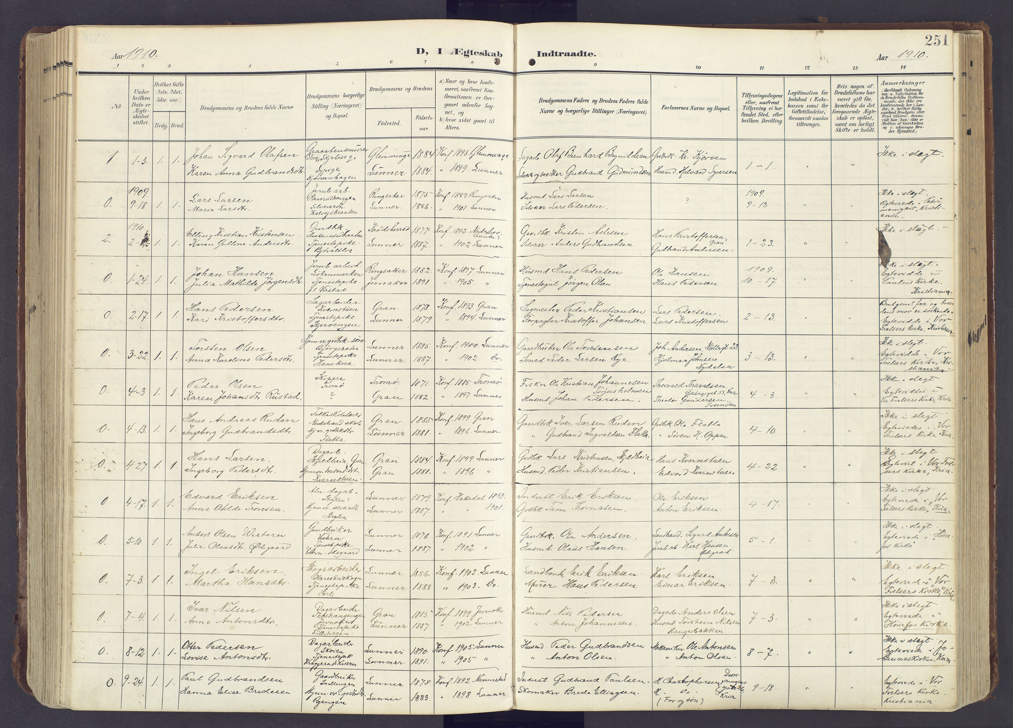 Lunner prestekontor, AV/SAH-PREST-118/H/Ha/Haa/L0001: Ministerialbok nr. 1, 1907-1922, s. 251