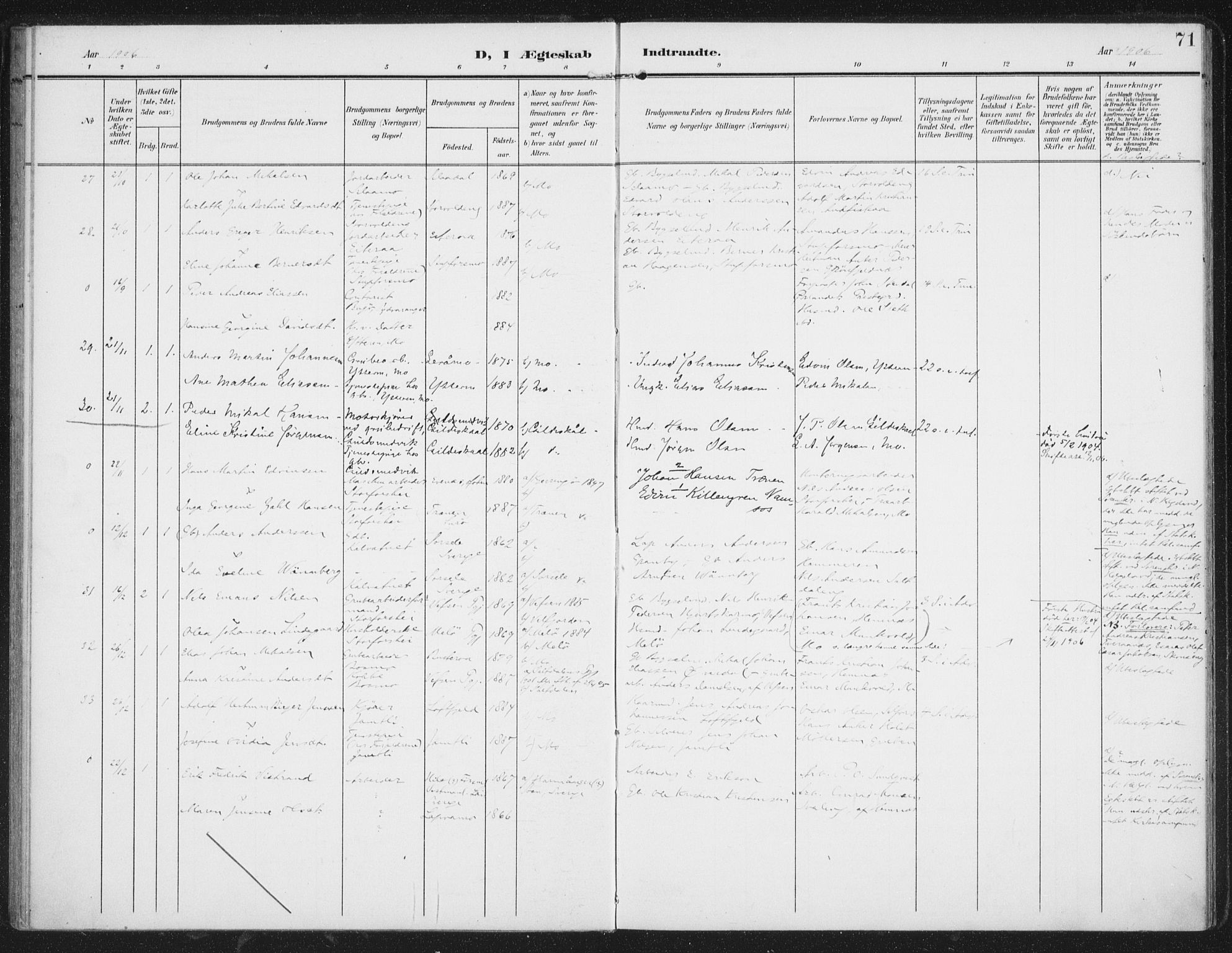 Ministerialprotokoller, klokkerbøker og fødselsregistre - Nordland, AV/SAT-A-1459/827/L0403: Ministerialbok nr. 827A15, 1903-1912, s. 71
