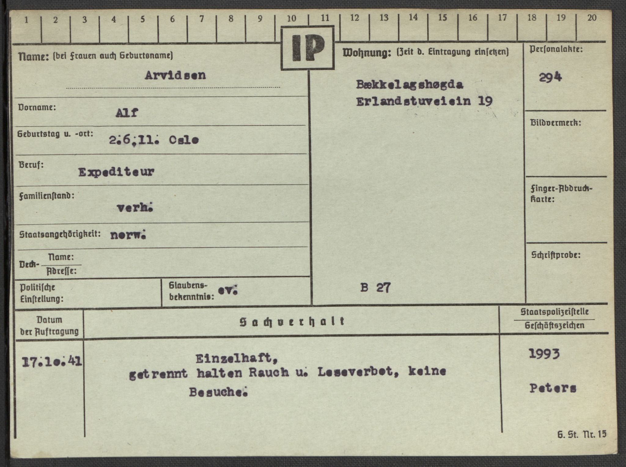 Befehlshaber der Sicherheitspolizei und des SD, RA/RAFA-5969/E/Ea/Eaa/L0001: Register over norske fanger i Møllergata 19: A-Bj, 1940-1945, s. 636