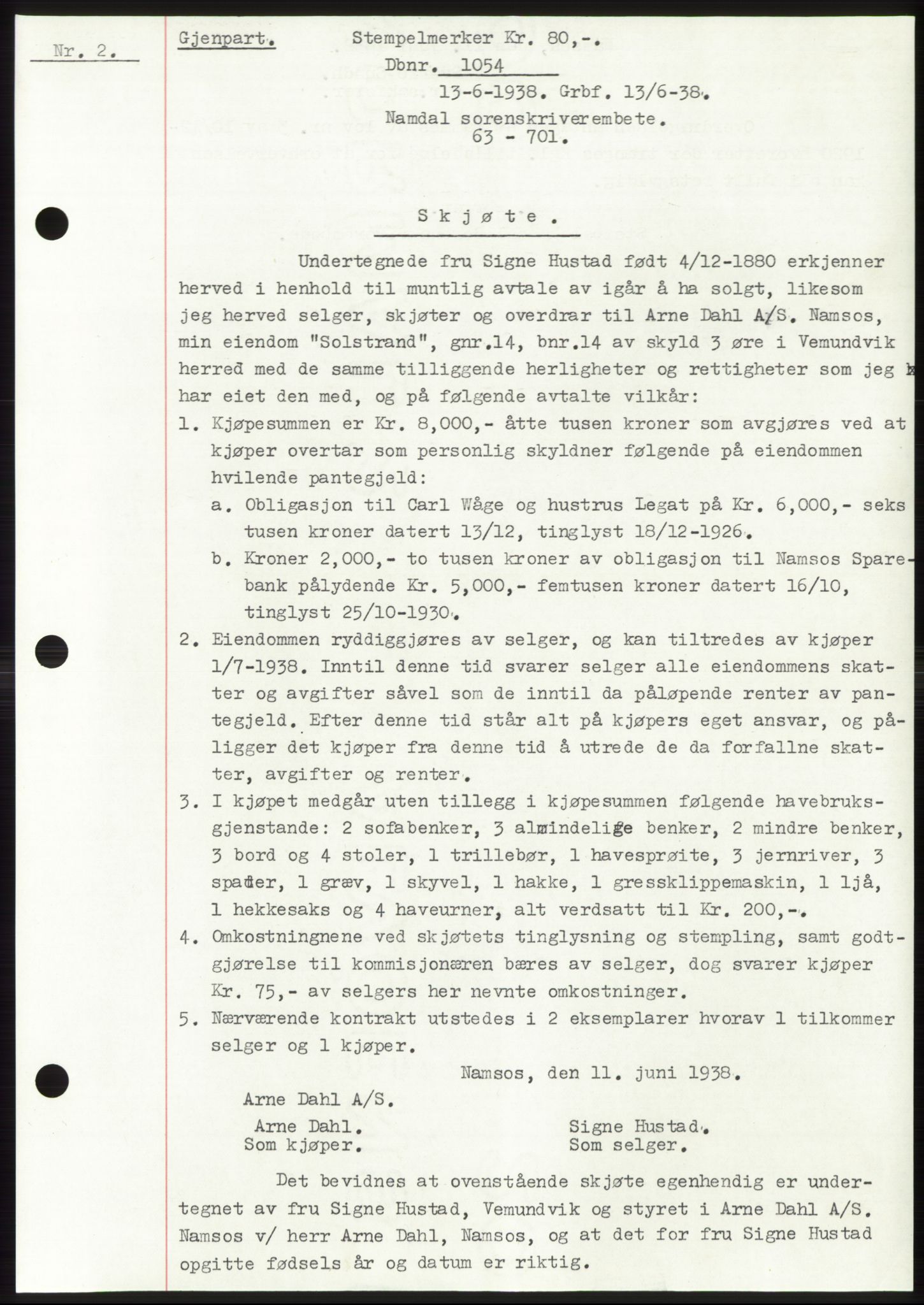 Namdal sorenskriveri, SAT/A-4133/1/2/2C: Pantebok nr. -, 1937-1939, Tingl.dato: 13.06.1938
