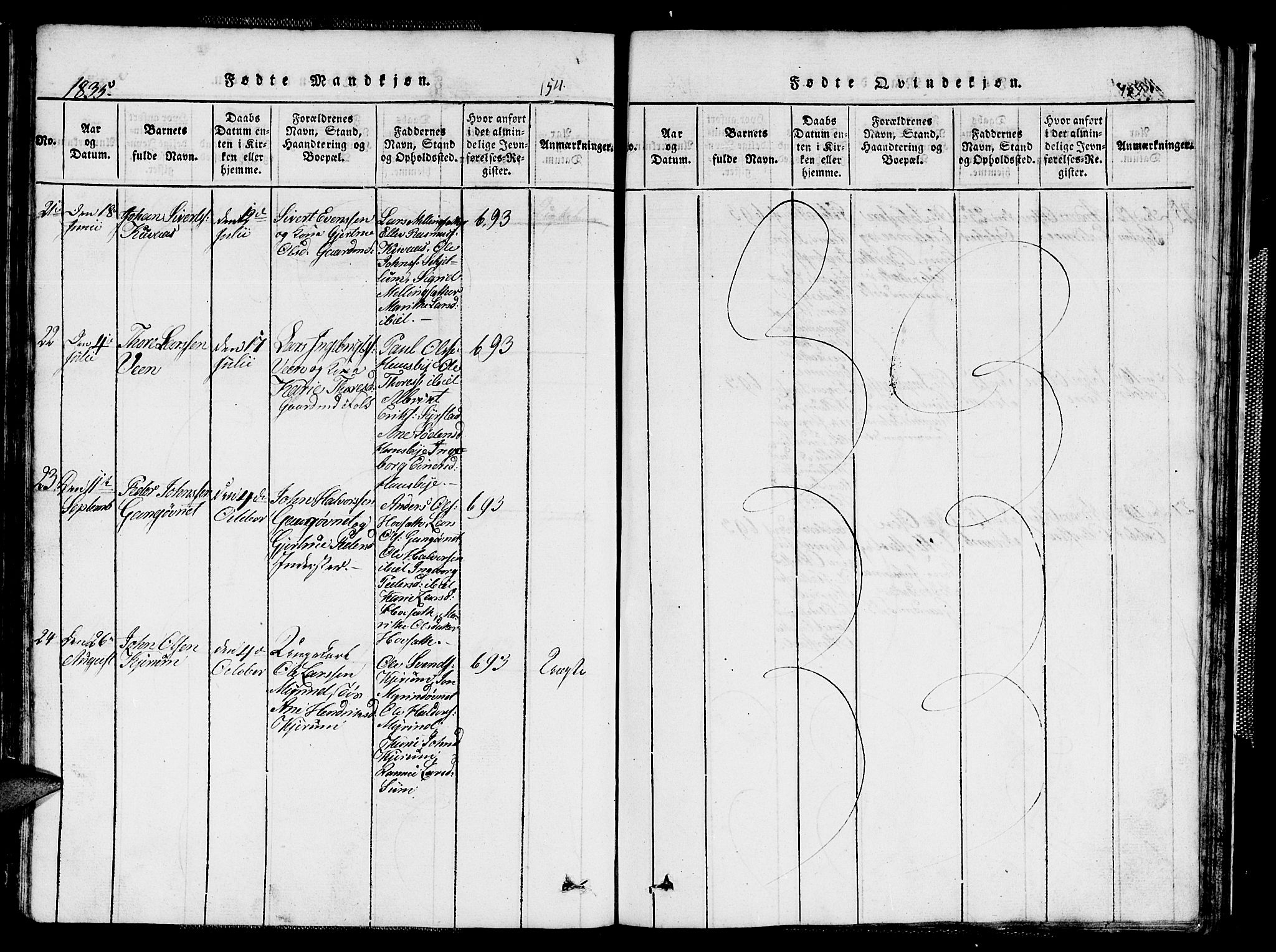 Ministerialprotokoller, klokkerbøker og fødselsregistre - Sør-Trøndelag, AV/SAT-A-1456/667/L0796: Klokkerbok nr. 667C01, 1817-1836, s. 154-155