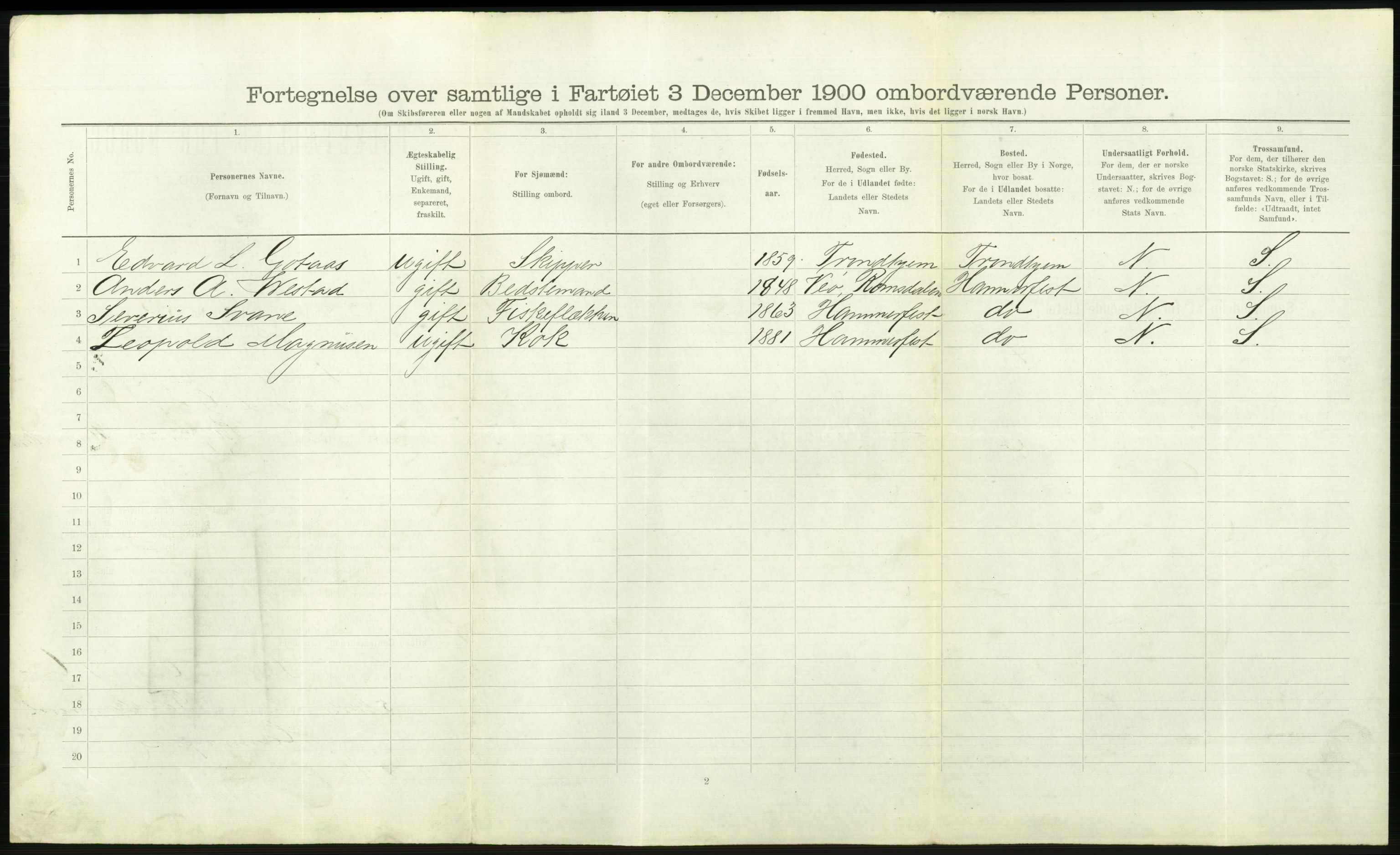 RA, Folketelling 1900 - skipslister med personlister for skip i norske havner, utenlandske havner og til havs, 1900, s. 2800