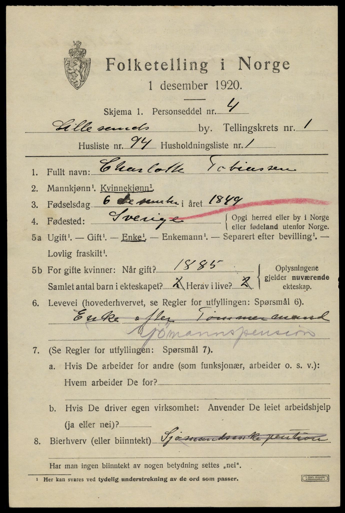 SAK, Folketelling 1920 for 0905 Lillesand ladested, 1920, s. 2313
