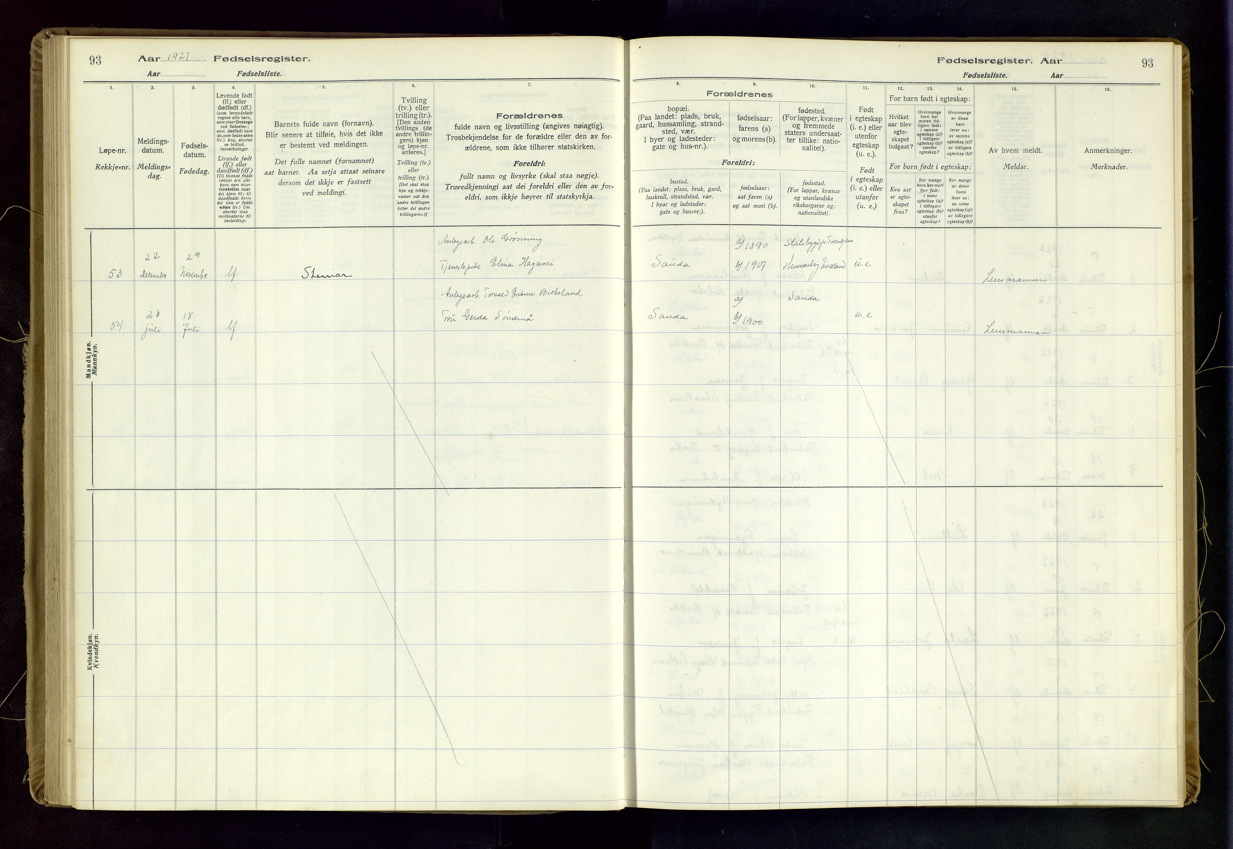 Sand sokneprestkontor, AV/SAST-A-101848/03/C/L0003: Fødselsregister nr. 3, 1916-1936, s. 93