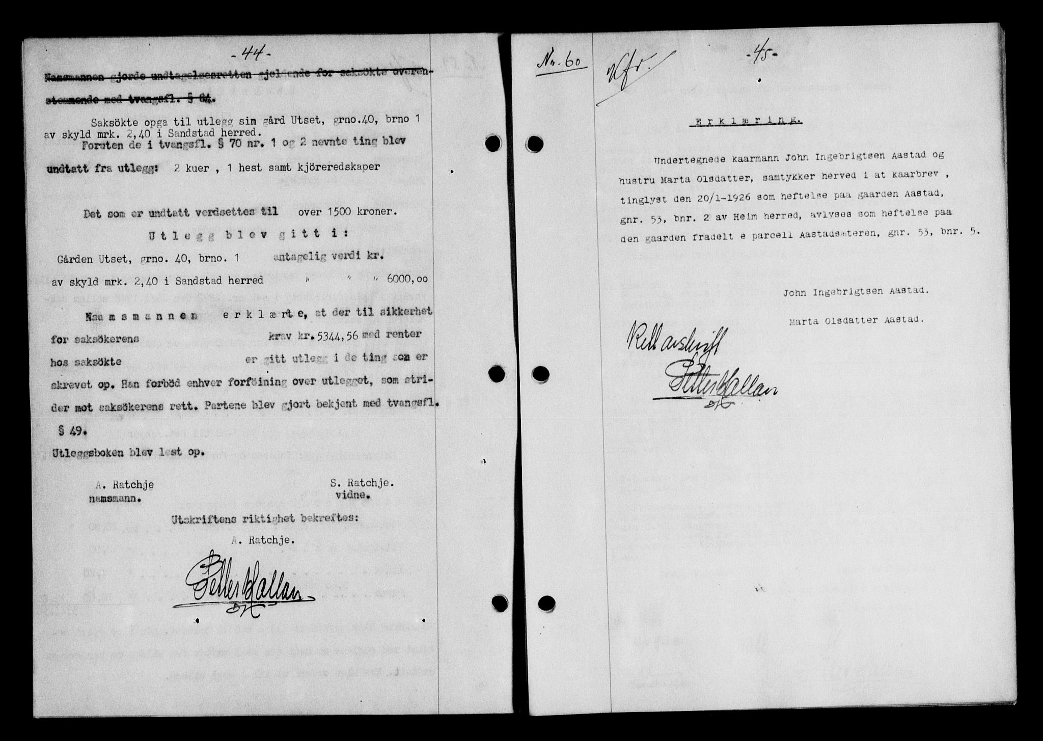 Hitra sorenskriveri, AV/SAT-A-0018/2/2C/2Ca/L0010: Pantebok nr. 10, 1928-1929, s. 44-45