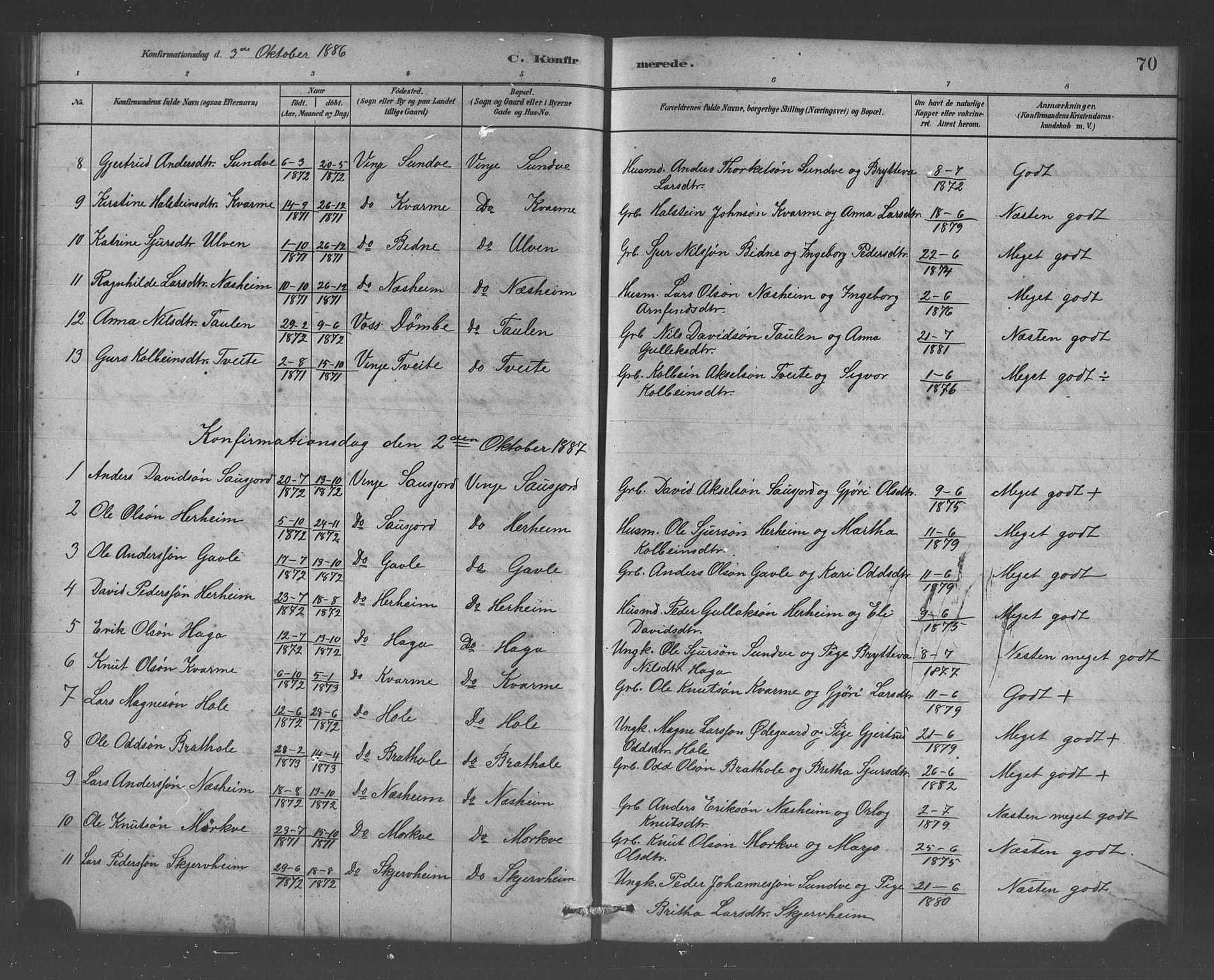 Vossestrand Sokneprestembete, AV/SAB-A-79101/H/Hab: Klokkerbok nr. B 3, 1880-1907, s. 70
