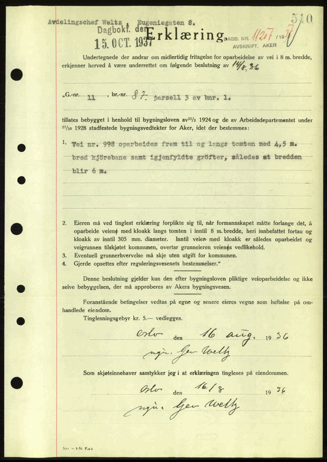 Aker herredsskriveri, SAO/A-10896/G/Gb/Gba/Gbab/L0017: Pantebok nr. A148, 1937-1937, Dagboknr: 11207/1937