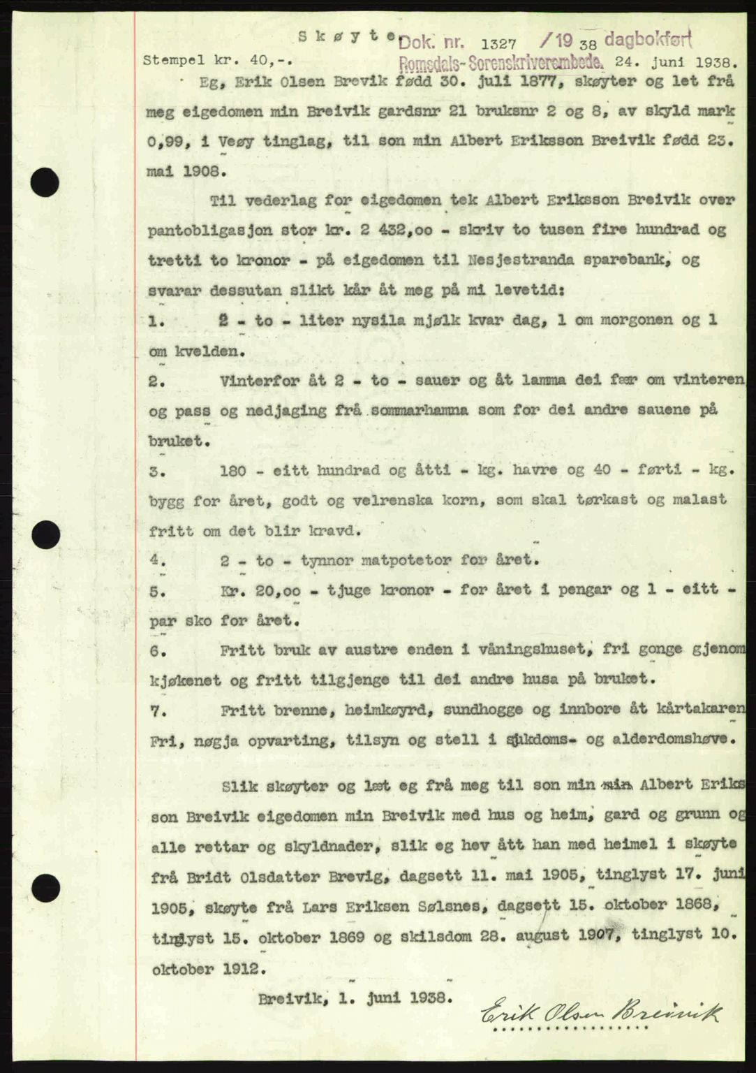 Romsdal sorenskriveri, SAT/A-4149/1/2/2C: Pantebok nr. A5, 1938-1938, Dagboknr: 1327/1938