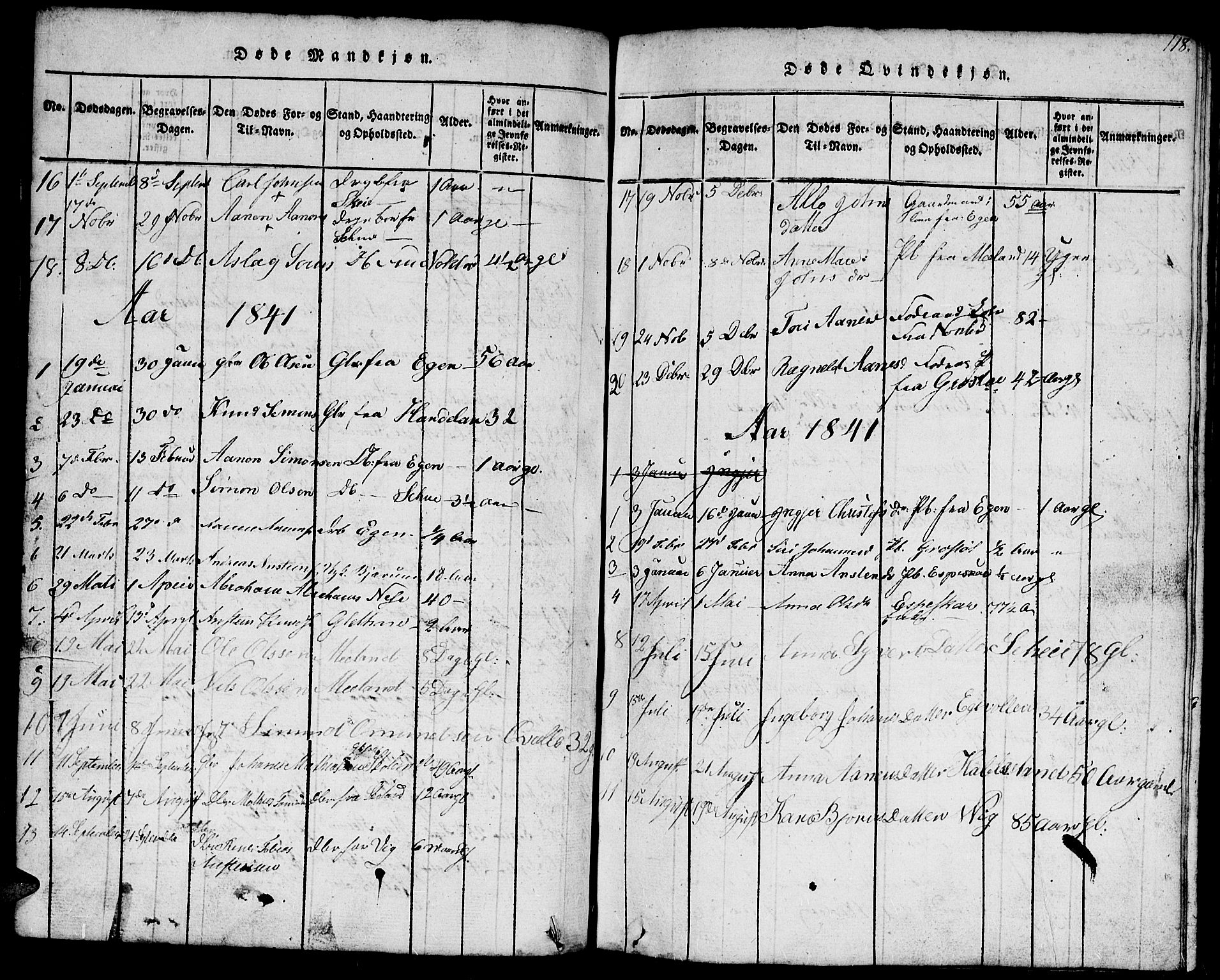 Hægebostad sokneprestkontor, SAK/1111-0024/F/Fb/Fbb/L0001: Klokkerbok nr. B 1, 1816-1850, s. 118