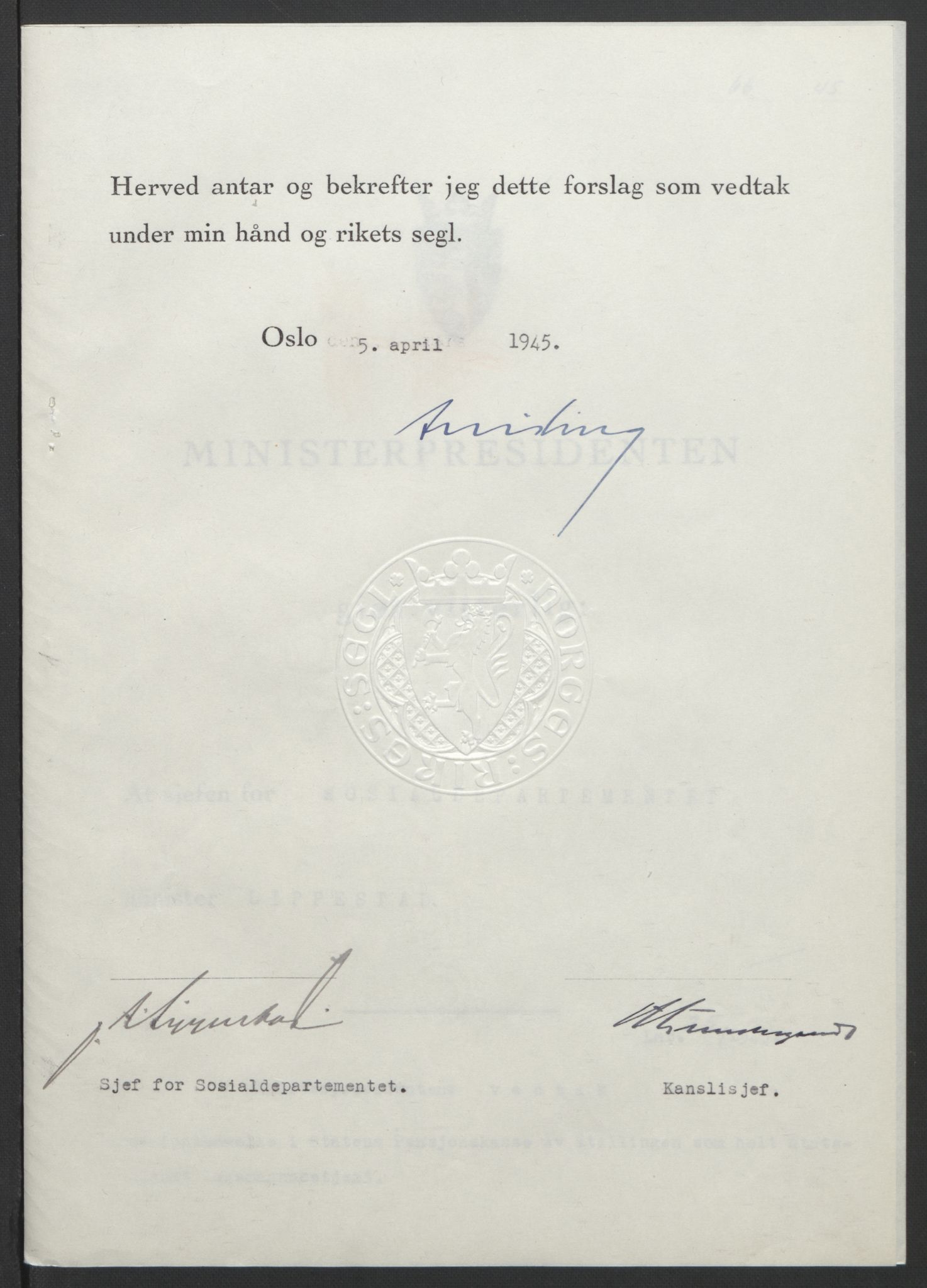 NS-administrasjonen 1940-1945 (Statsrådsekretariatet, de kommisariske statsråder mm), AV/RA-S-4279/D/Db/L0101/0001: -- / Lover og vedtak, 1945, s. 236