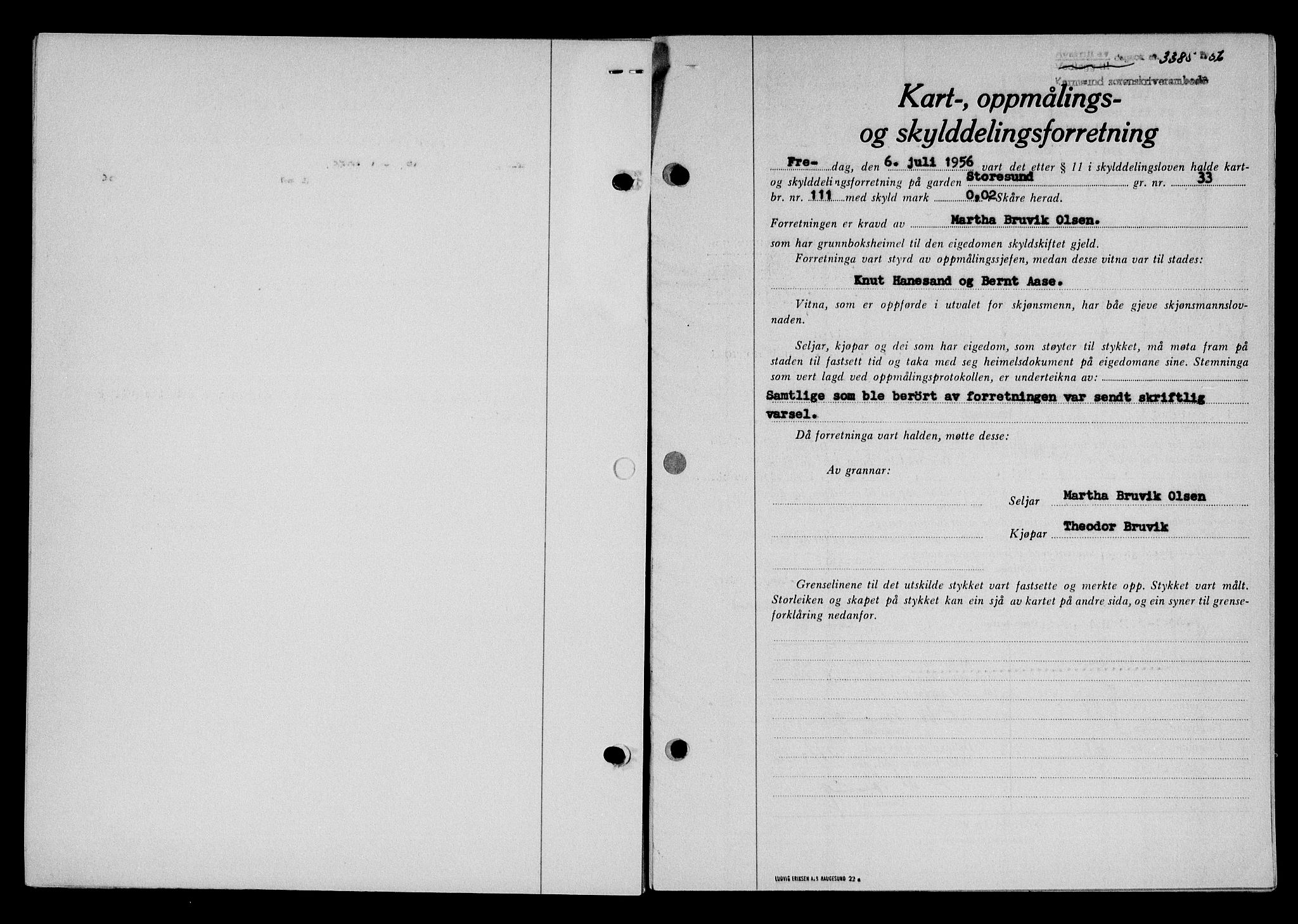 Karmsund sorenskriveri, SAST/A-100311/01/II/IIB/L0121: Pantebok nr. 101A, 1956-1956, Dagboknr: 3385/1956