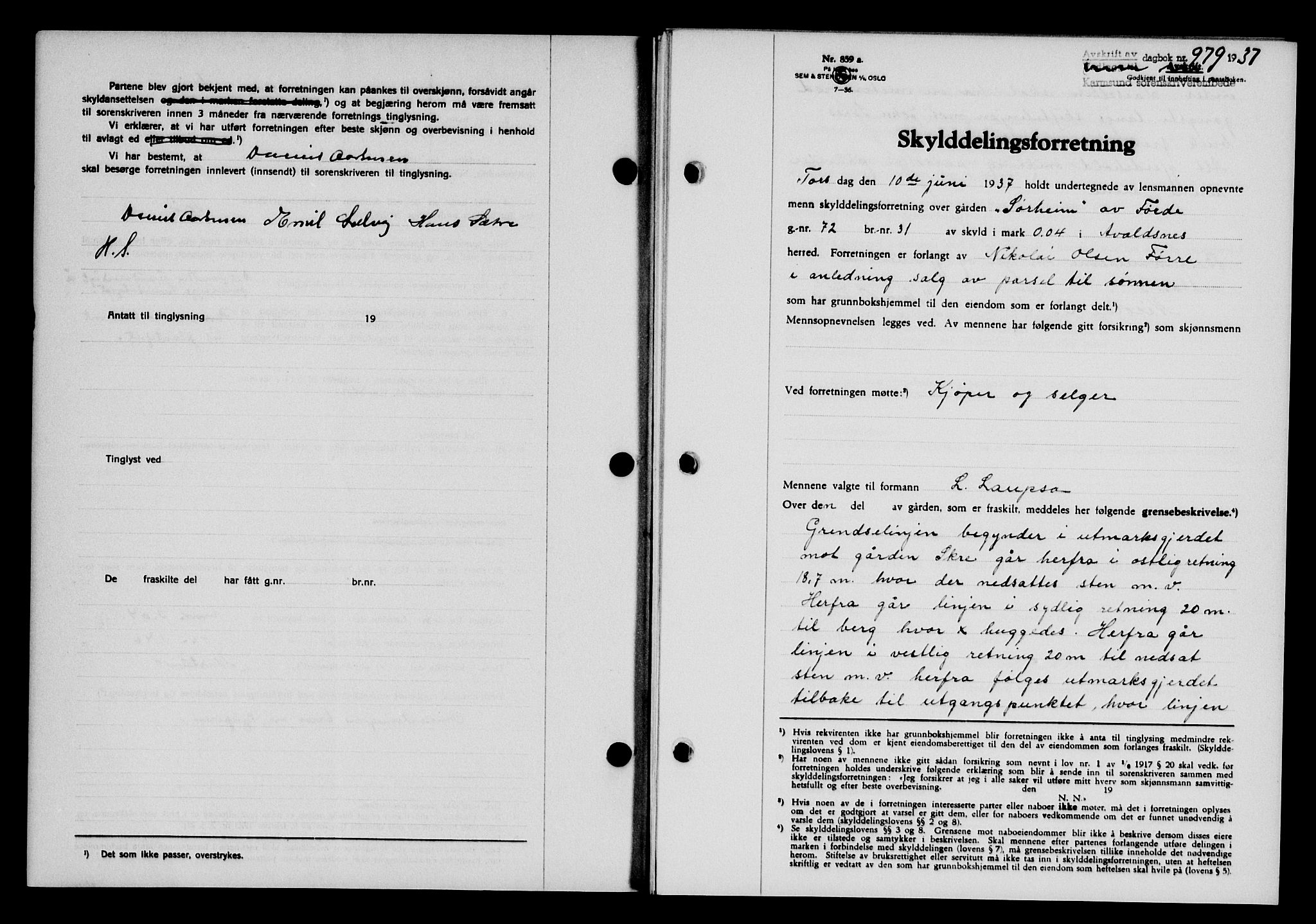 Karmsund sorenskriveri, SAST/A-100311/01/II/IIB/L0068: Pantebok nr. 49A, 1937-1937, Dagboknr: 979/1937