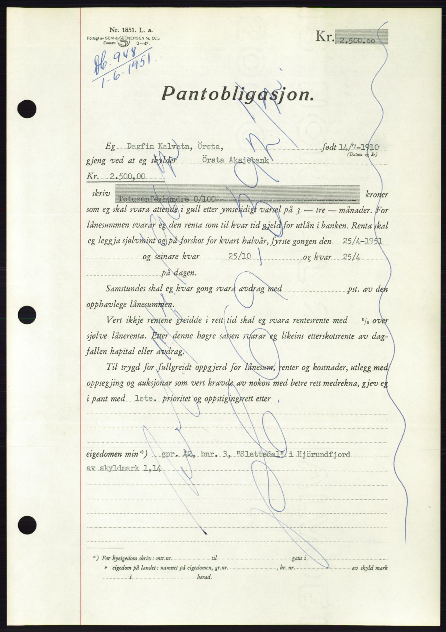 Søre Sunnmøre sorenskriveri, AV/SAT-A-4122/1/2/2C/L0120: Pantebok nr. 8B, 1951-1951, Dagboknr: 948/1951