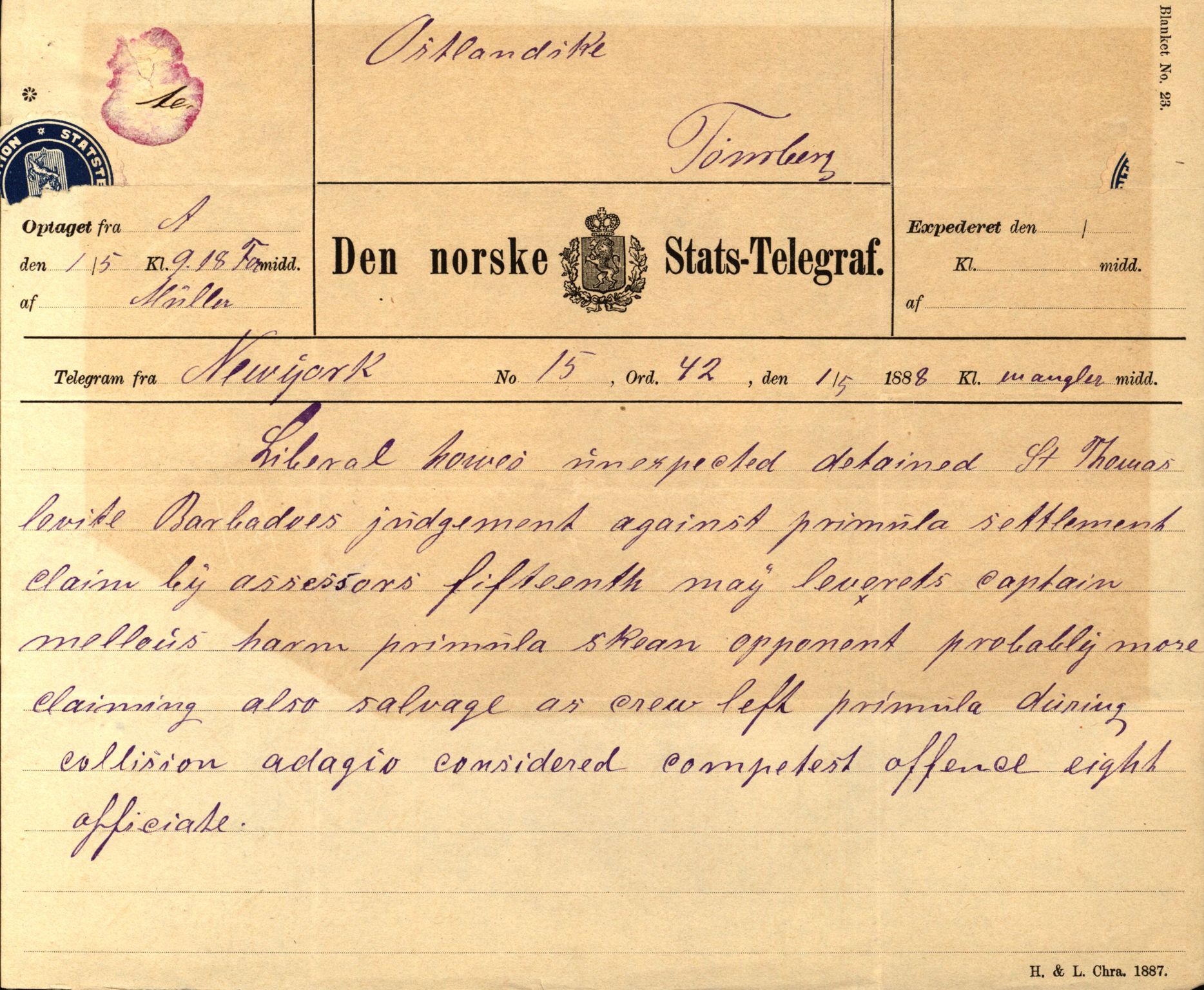 Pa 63 - Østlandske skibsassuranceforening, VEMU/A-1079/G/Ga/L0021/0003: Havaridokumenter / Inga av Drammen, Inga av Sandefjord, Primula, 1888-1889, s. 191