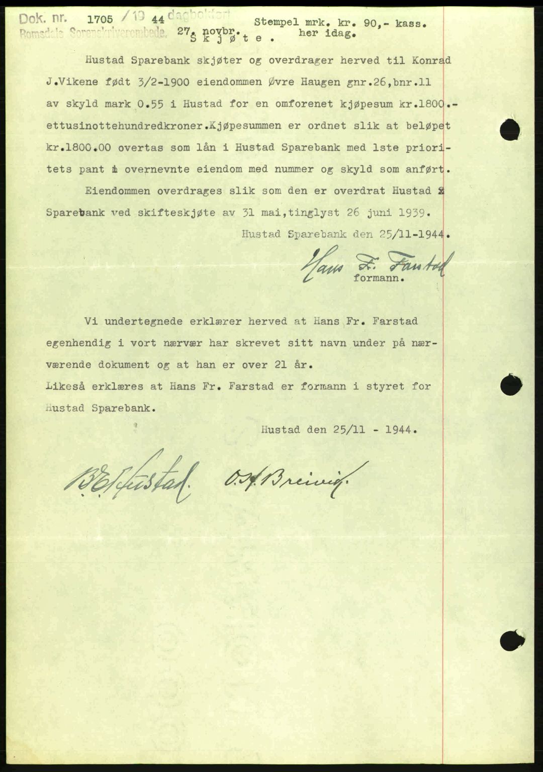 Romsdal sorenskriveri, SAT/A-4149/1/2/2C: Pantebok nr. A17, 1944-1945, Dagboknr: 1705/1944