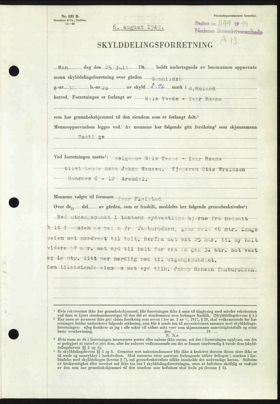 Nedenes sorenskriveri, SAK/1221-0006/G/Gb/Gba/L0061: Pantebok nr. A13, 1949-1949, Dagboknr: 1199/1949