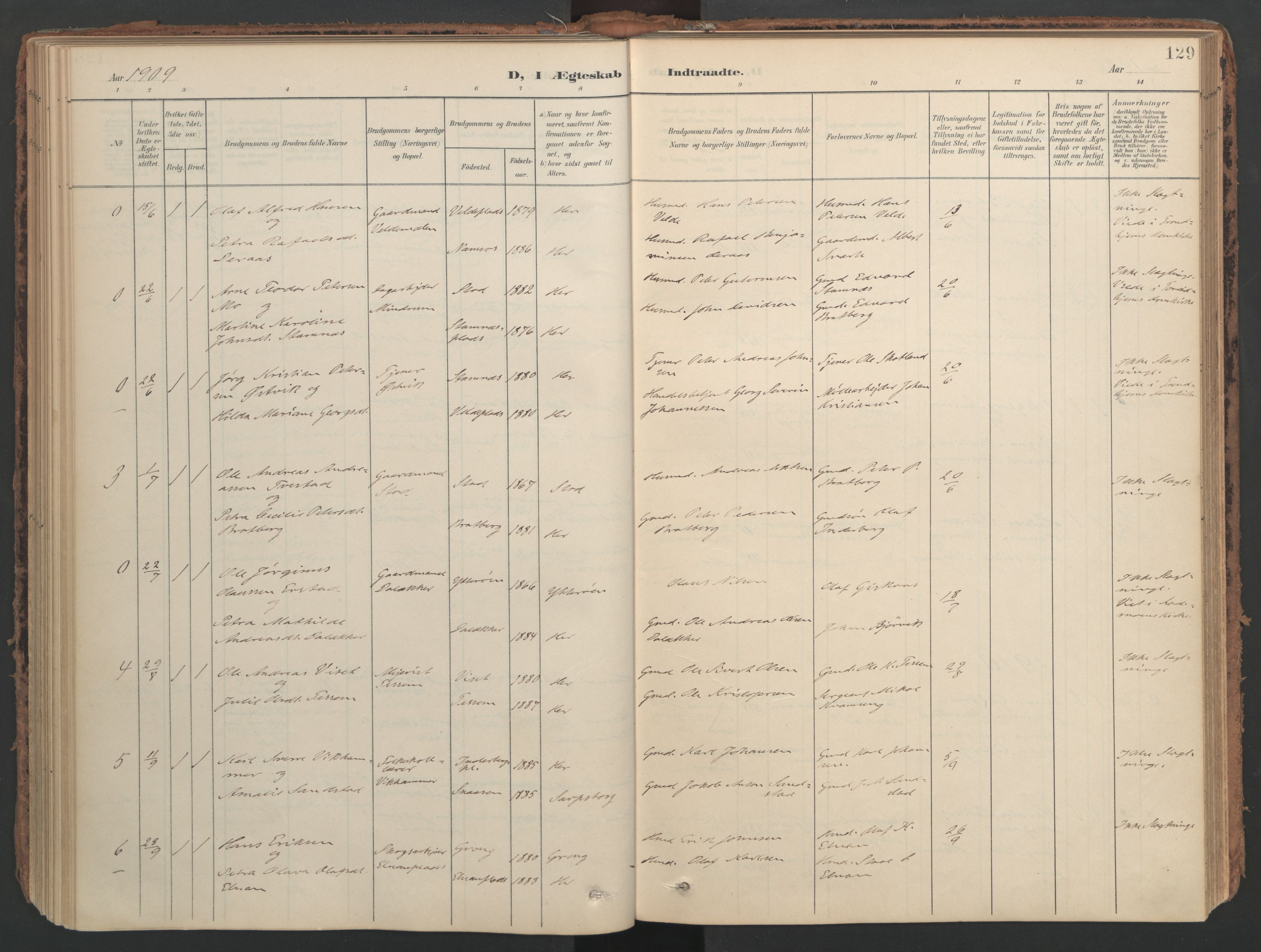 Ministerialprotokoller, klokkerbøker og fødselsregistre - Nord-Trøndelag, SAT/A-1458/741/L0397: Ministerialbok nr. 741A11, 1901-1911, s. 129