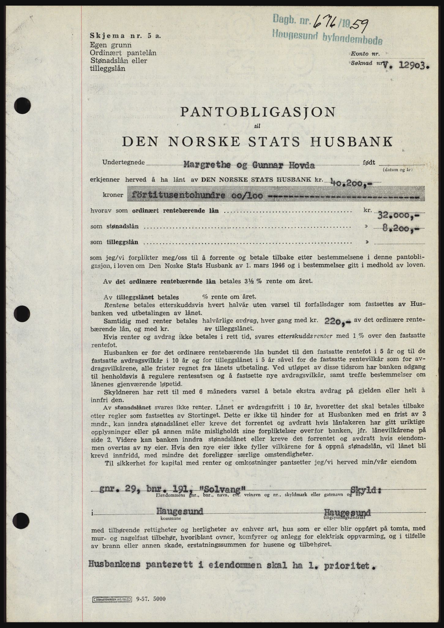 Haugesund tingrett, SAST/A-101415/01/II/IIC/L0045: Pantebok nr. B 45, 1959-1959, Dagboknr: 676/1959