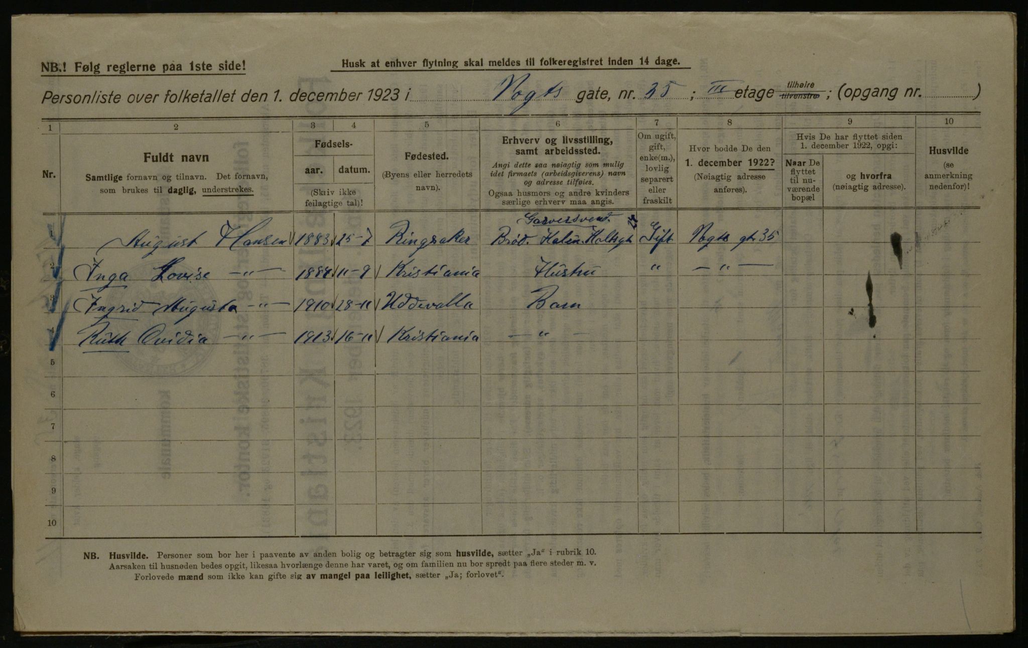 OBA, Kommunal folketelling 1.12.1923 for Kristiania, 1923, s. 137433