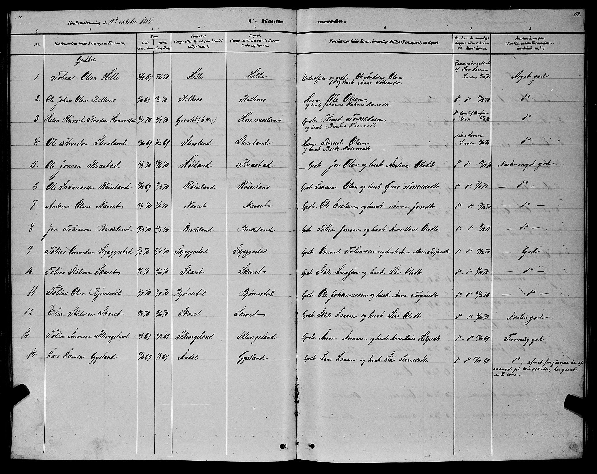 Hægebostad sokneprestkontor, AV/SAK-1111-0024/F/Fb/Fba/L0003: Klokkerbok nr. B 3, 1883-1896, s. 52