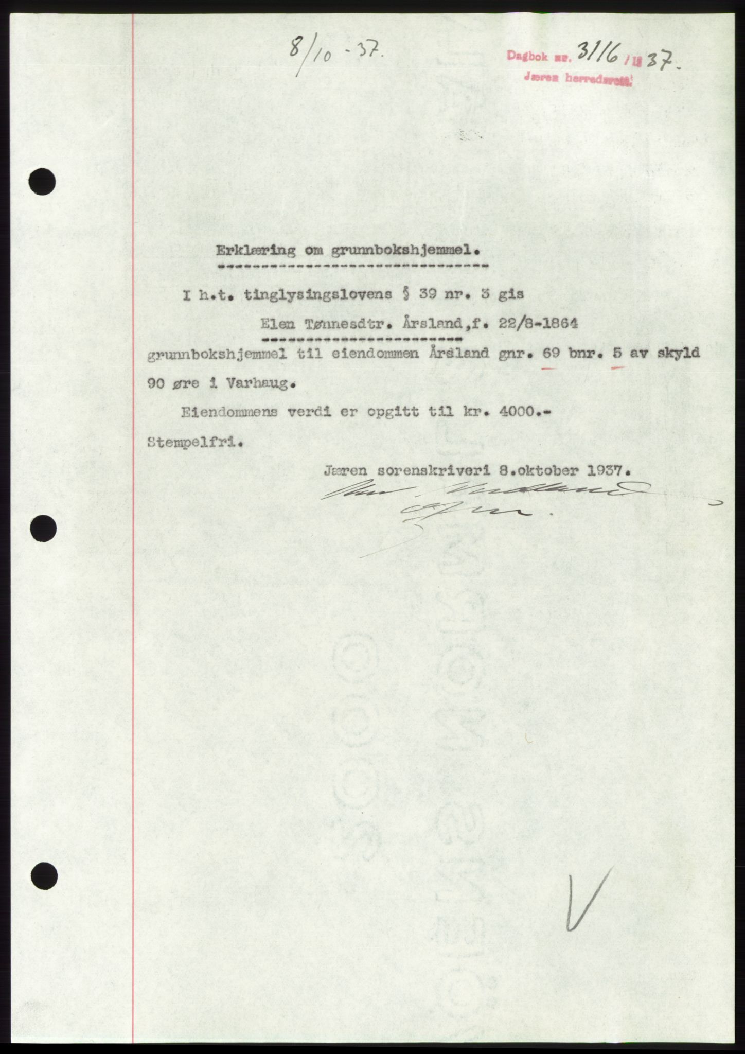 Jæren sorenskriveri, SAST/A-100310/03/G/Gba/L0069: Pantebok, 1937-1937, Dagboknr: 3116/1937