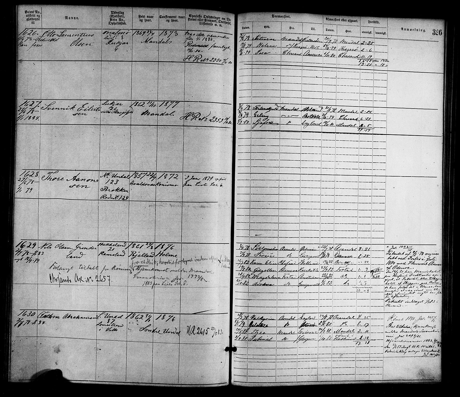 Mandal mønstringskrets, AV/SAK-2031-0016/F/Fa/L0001: Annotasjonsrulle nr 1-1920 med register, L-3, 1869-1881, s. 364