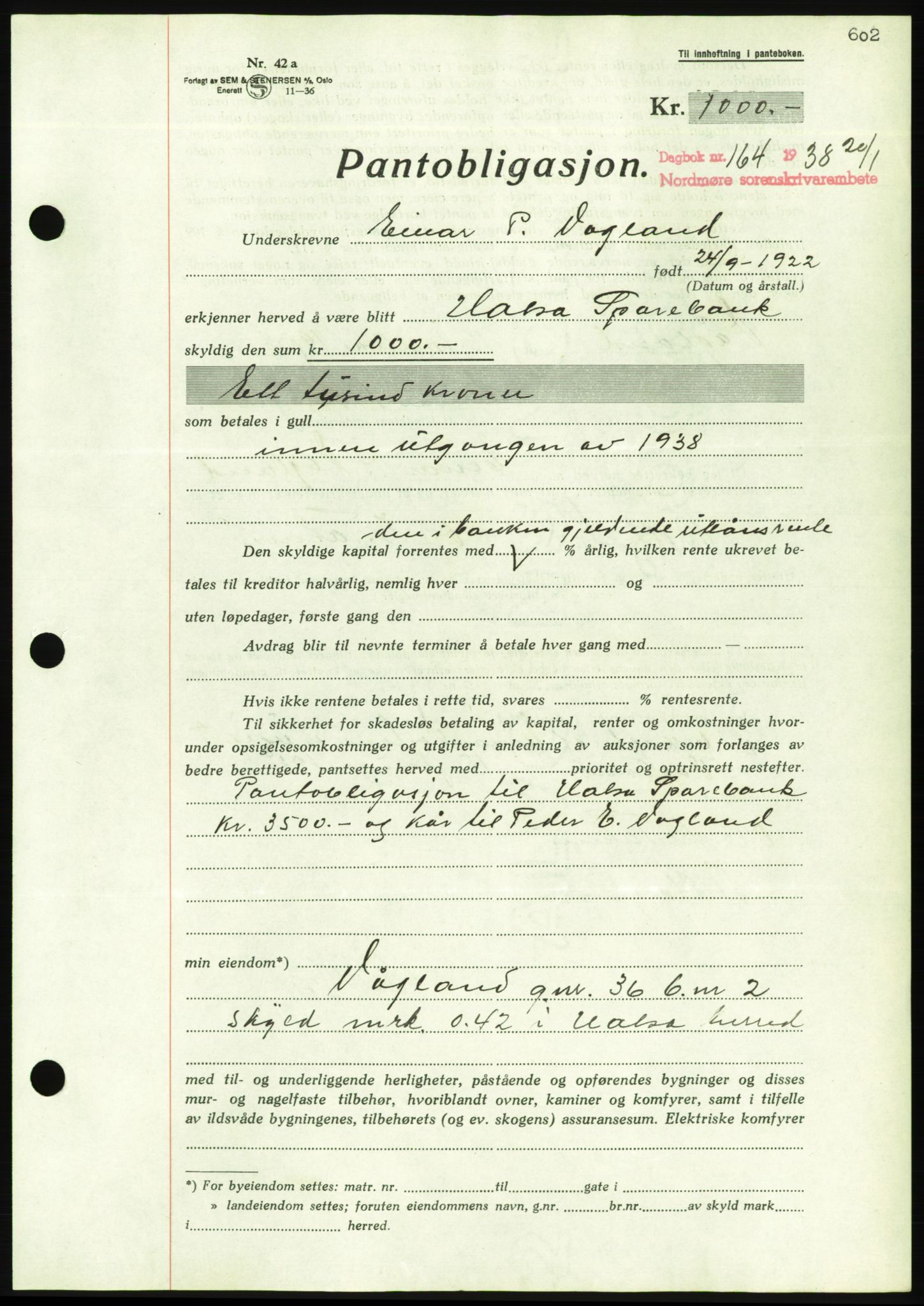 Nordmøre sorenskriveri, AV/SAT-A-4132/1/2/2Ca/L0092: Pantebok nr. B82, 1937-1938, Dagboknr: 164/1938