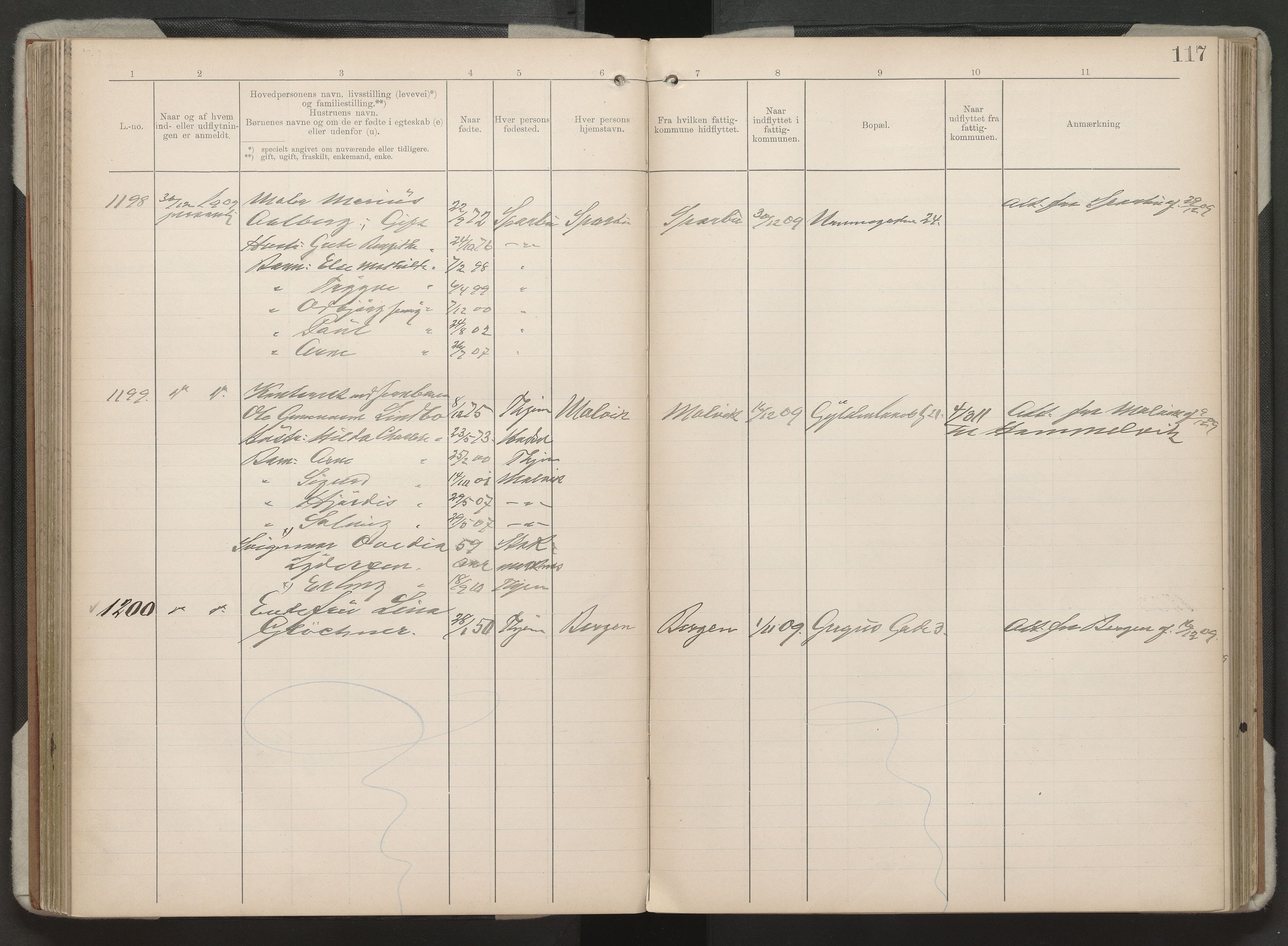 Trondheim folkeregister, AV/SAT-A-1608/1/F/Fa/L0005: Inn- og utflyttede, 1909-1911, s. 117