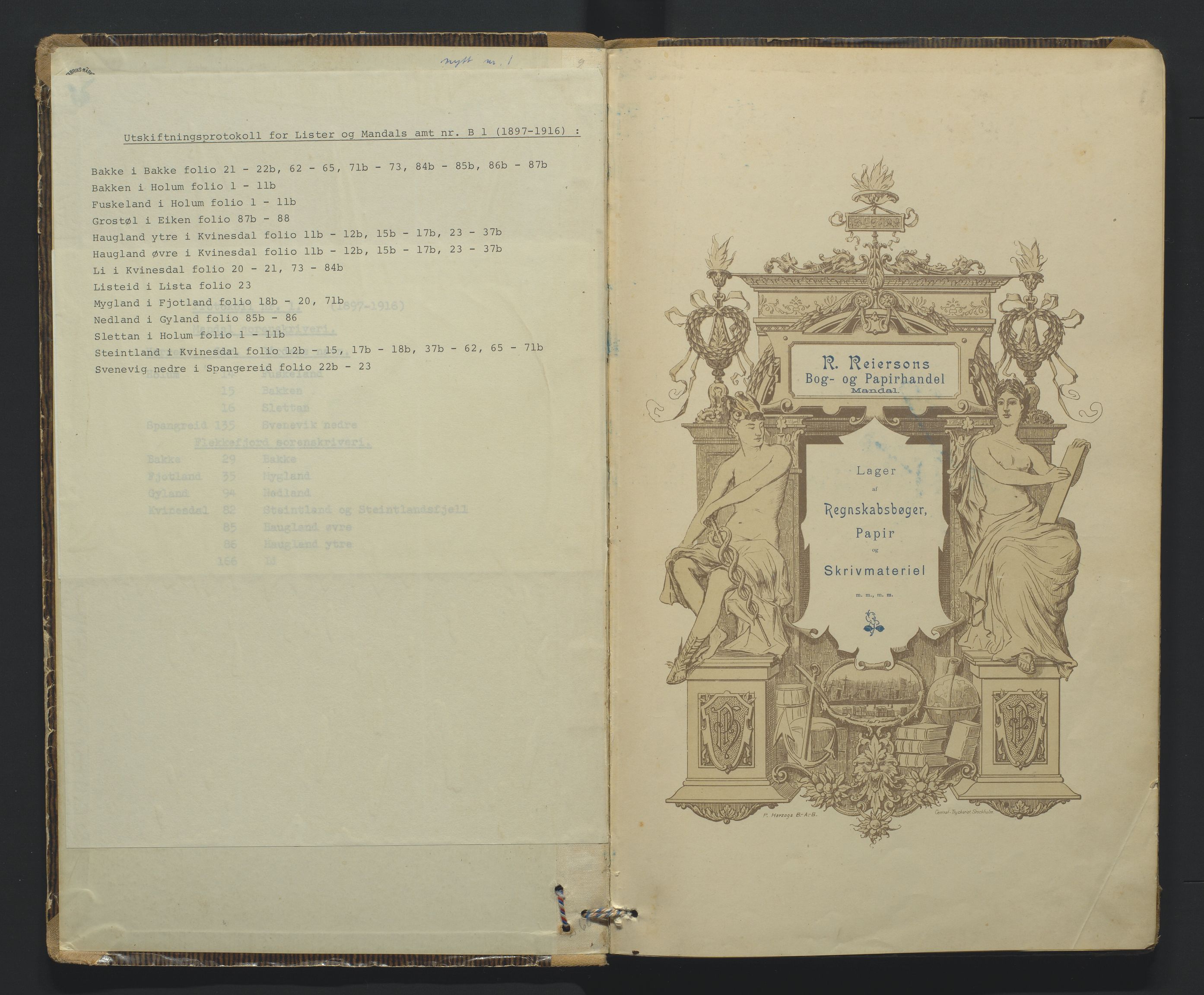 Utskiftningsformannen i Lister og Mandal amt, AV/SAK-1541-0003/F/Fa/Faa/L0046: Utskiftningsprotokoll med register nr B-1, 1897-1916