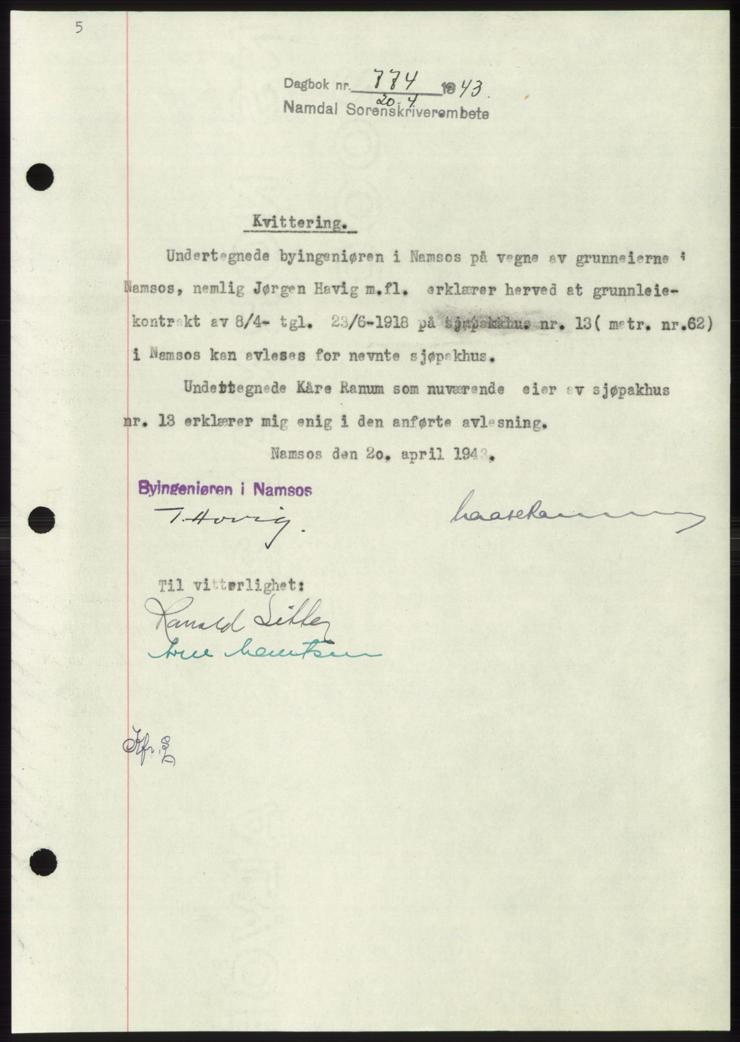 Namdal sorenskriveri, SAT/A-4133/1/2/2C: Pantebok nr. -, 1942-1943, Dagboknr: 774/1943