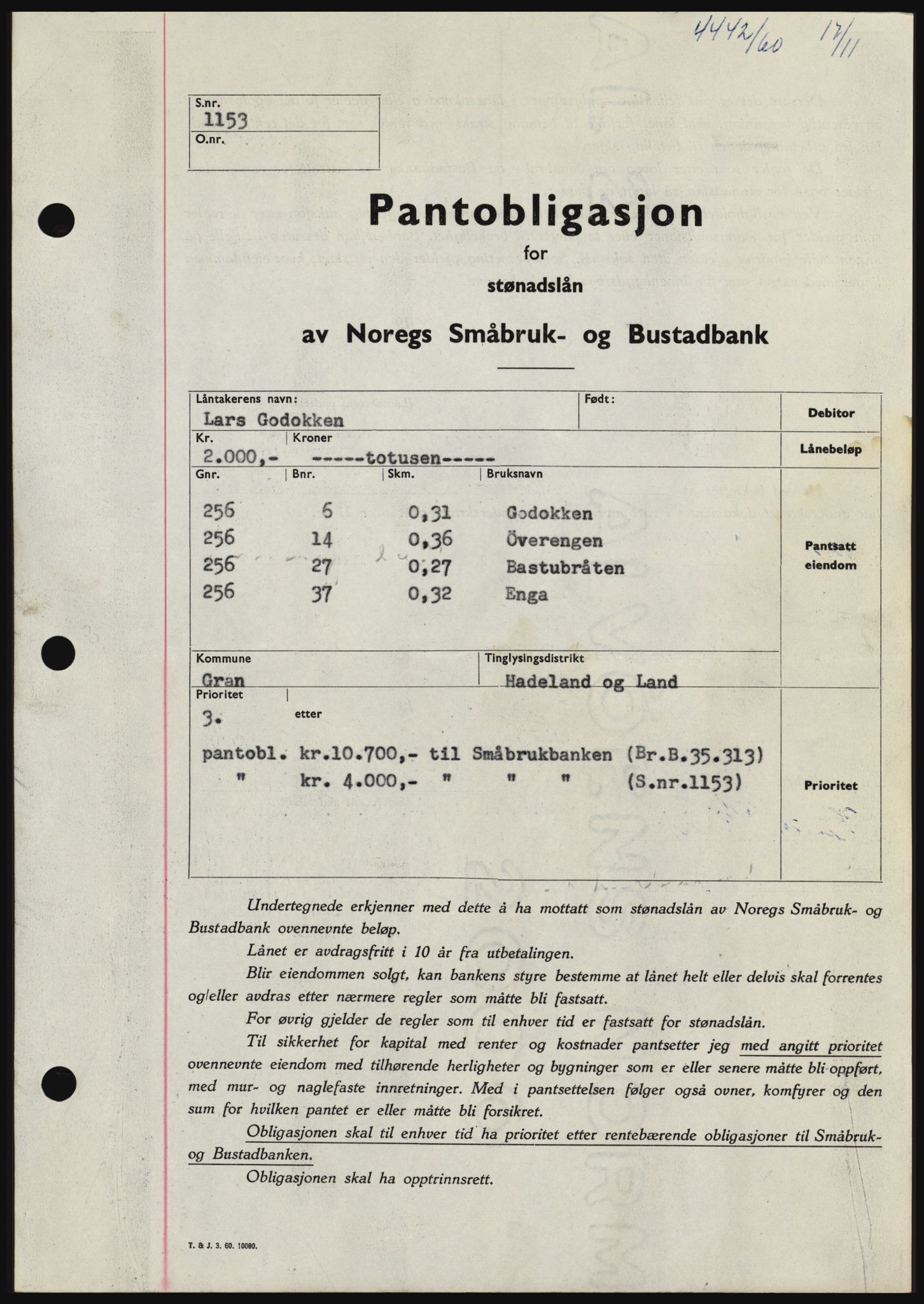 Hadeland og Land tingrett, SAH/TING-010/H/Hb/Hbc/L0044: Pantebok nr. B44, 1960-1961, Dagboknr: 4442/1960
