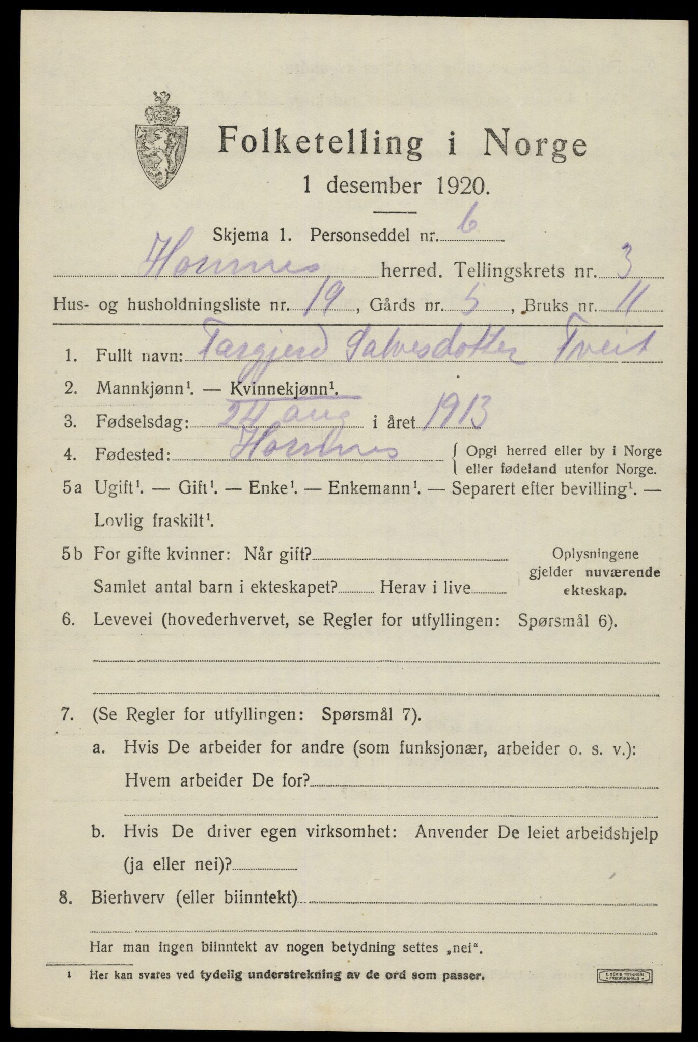 SAK, Folketelling 1920 for 0936 Hornnes herred, 1920, s. 1031