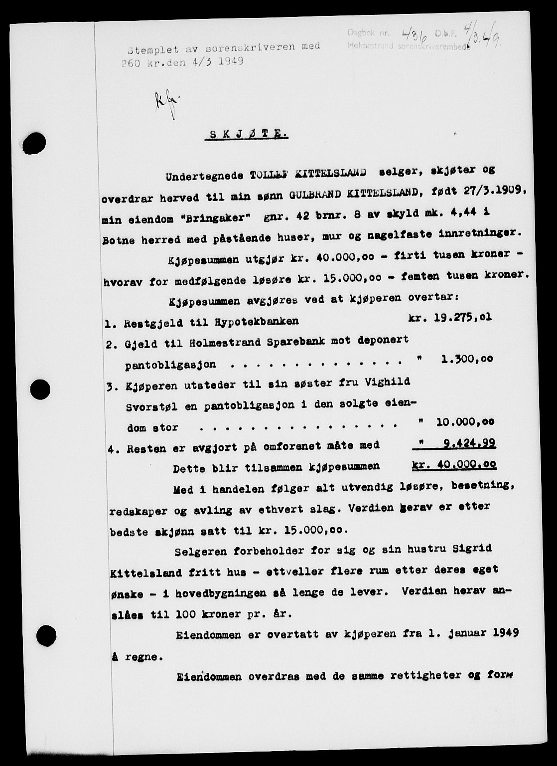 Holmestrand sorenskriveri, SAKO/A-67/G/Ga/Gaa/L0065: Pantebok nr. A-65, 1948-1949, Dagboknr: 436/1949