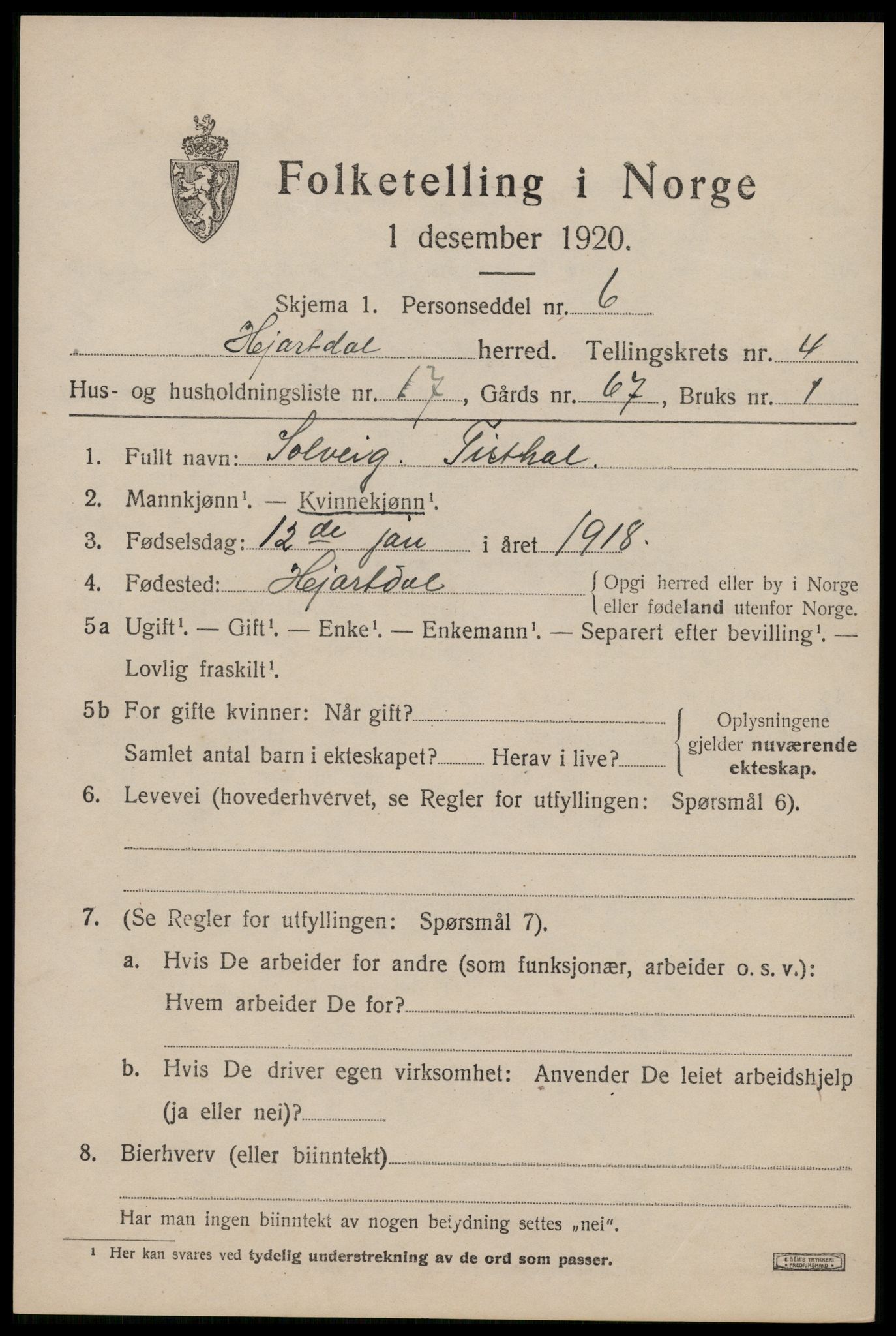 SAKO, Folketelling 1920 for 0827 Hjartdal herred, 1920, s. 2964