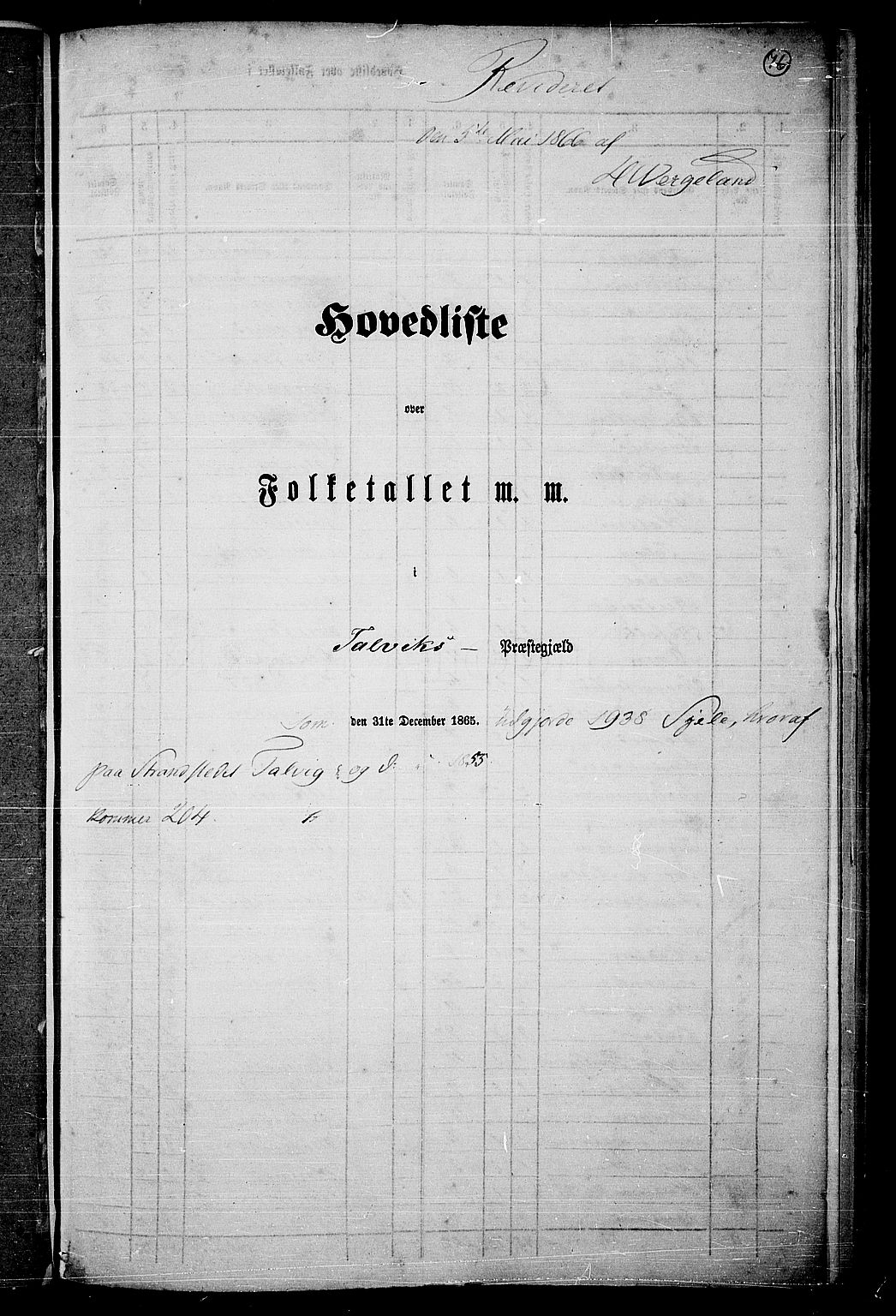 RA, Folketelling 1865 for 2013P Talvik prestegjeld, 1865, s. 1