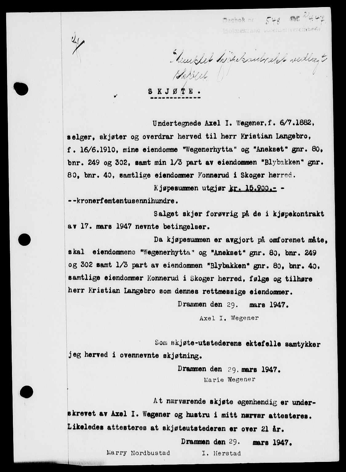 Holmestrand sorenskriveri, SAKO/A-67/G/Ga/Gaa/L0062: Pantebok nr. A-62, 1947-1947, Dagboknr: 548/1947